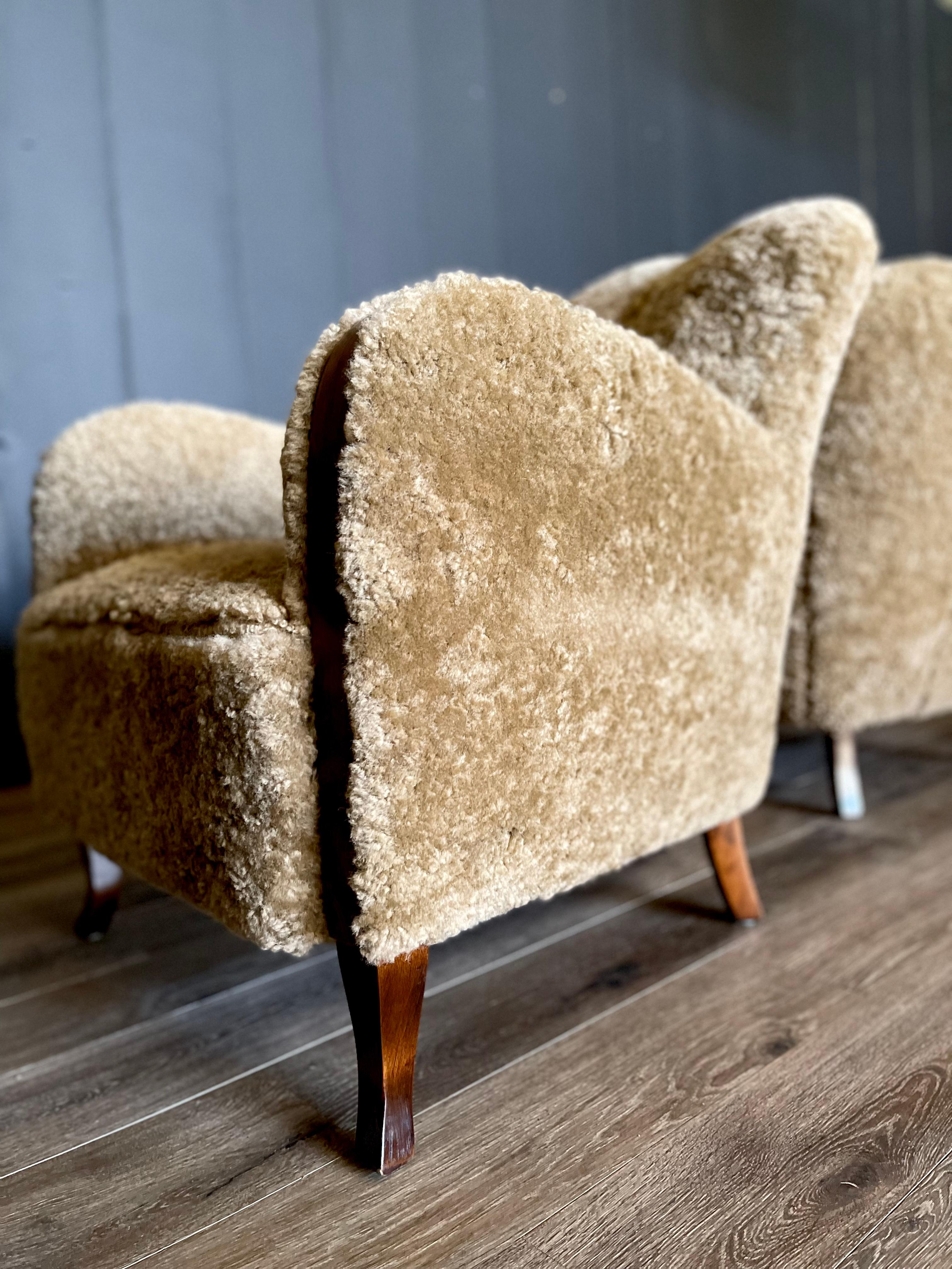 Vintage Scandinavian Sheepskin Art Deco Lounge Chairs, Danish, Shearling 4