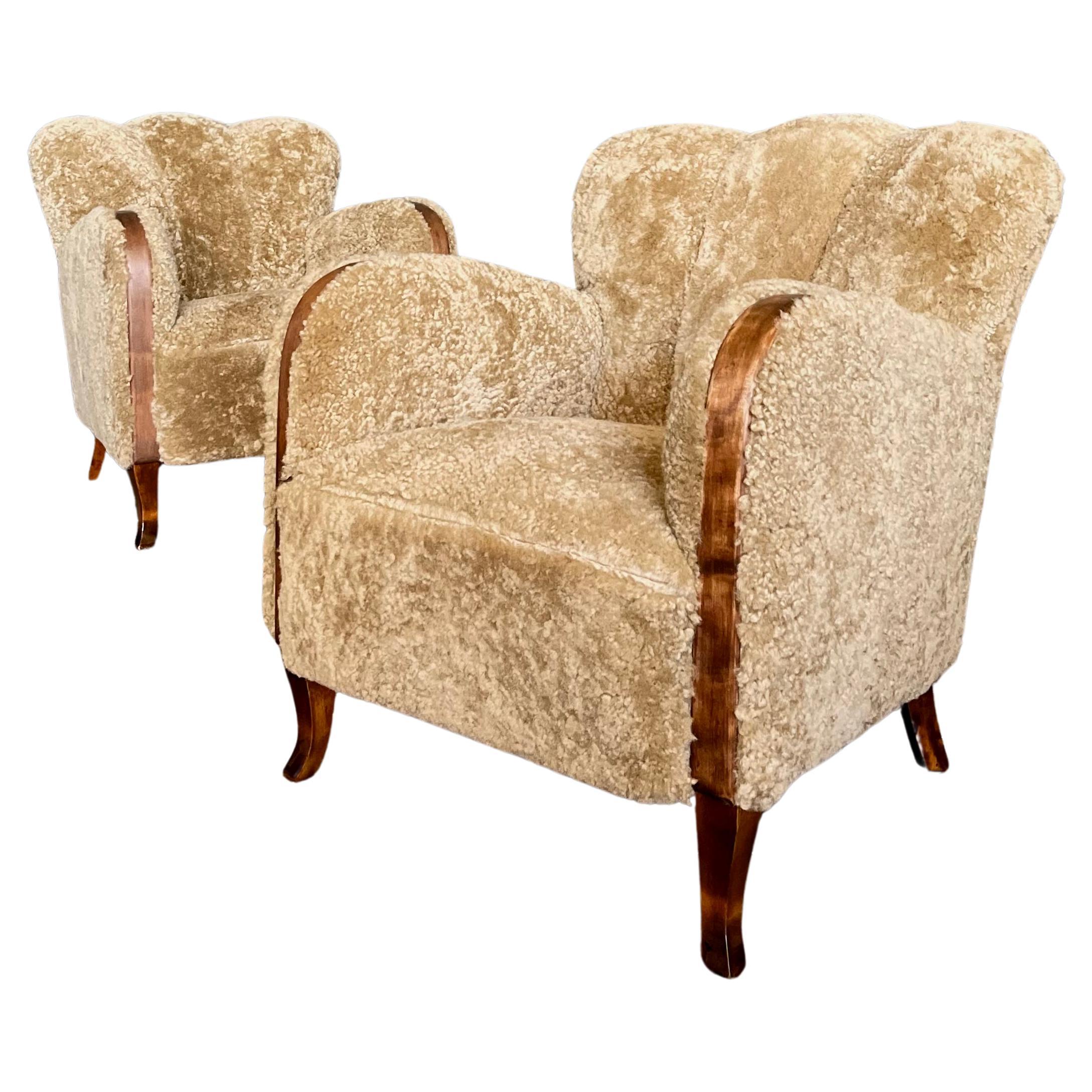 Vintage Scandinavian Sheepskin Art Deco Lounge Chairs, Danish, Shearling