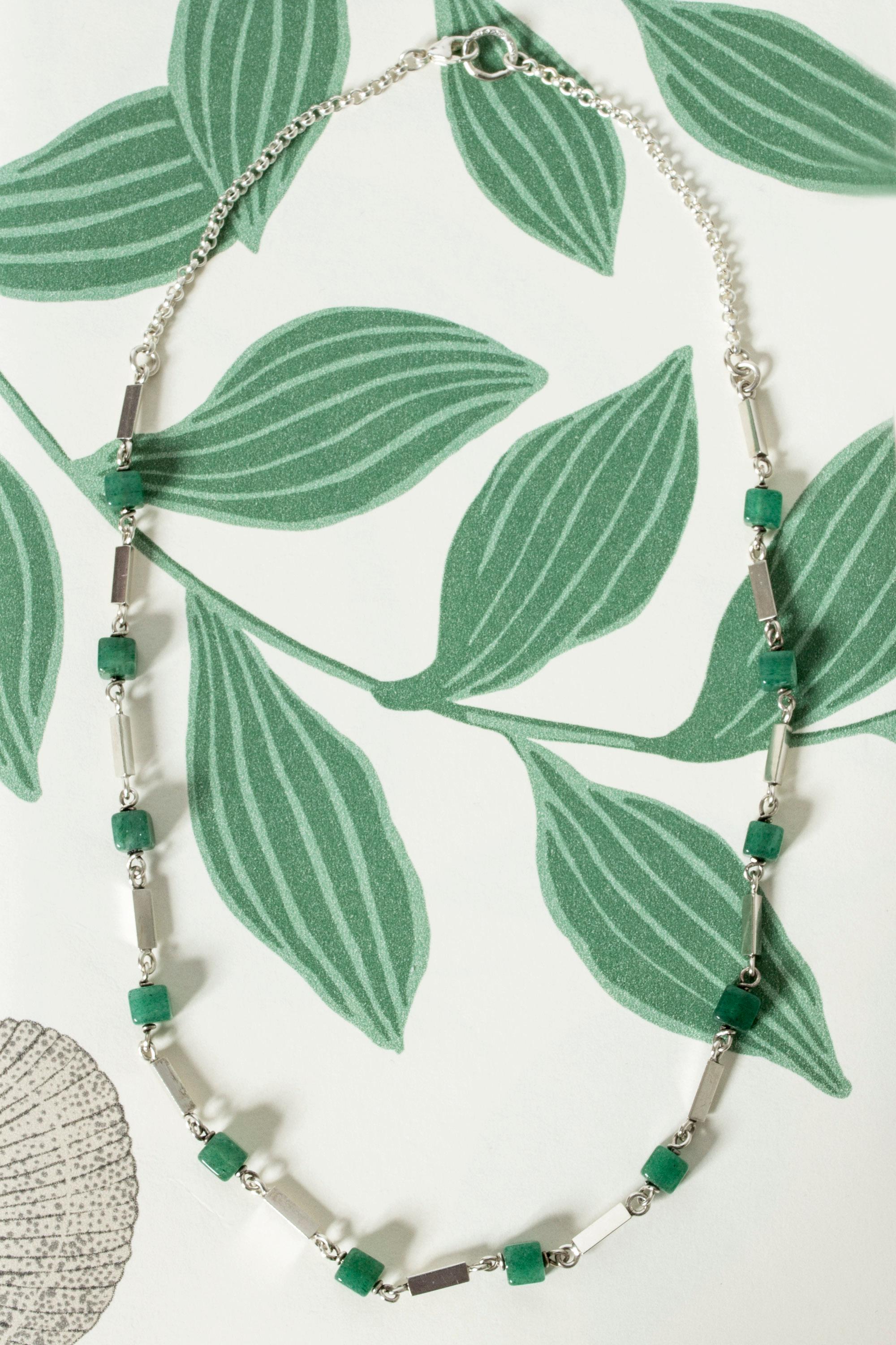 Lovely silver collier by Arvo Saarela, with aventurine cubes alternating with long silver sections. Easy to wear and subtly expressive.