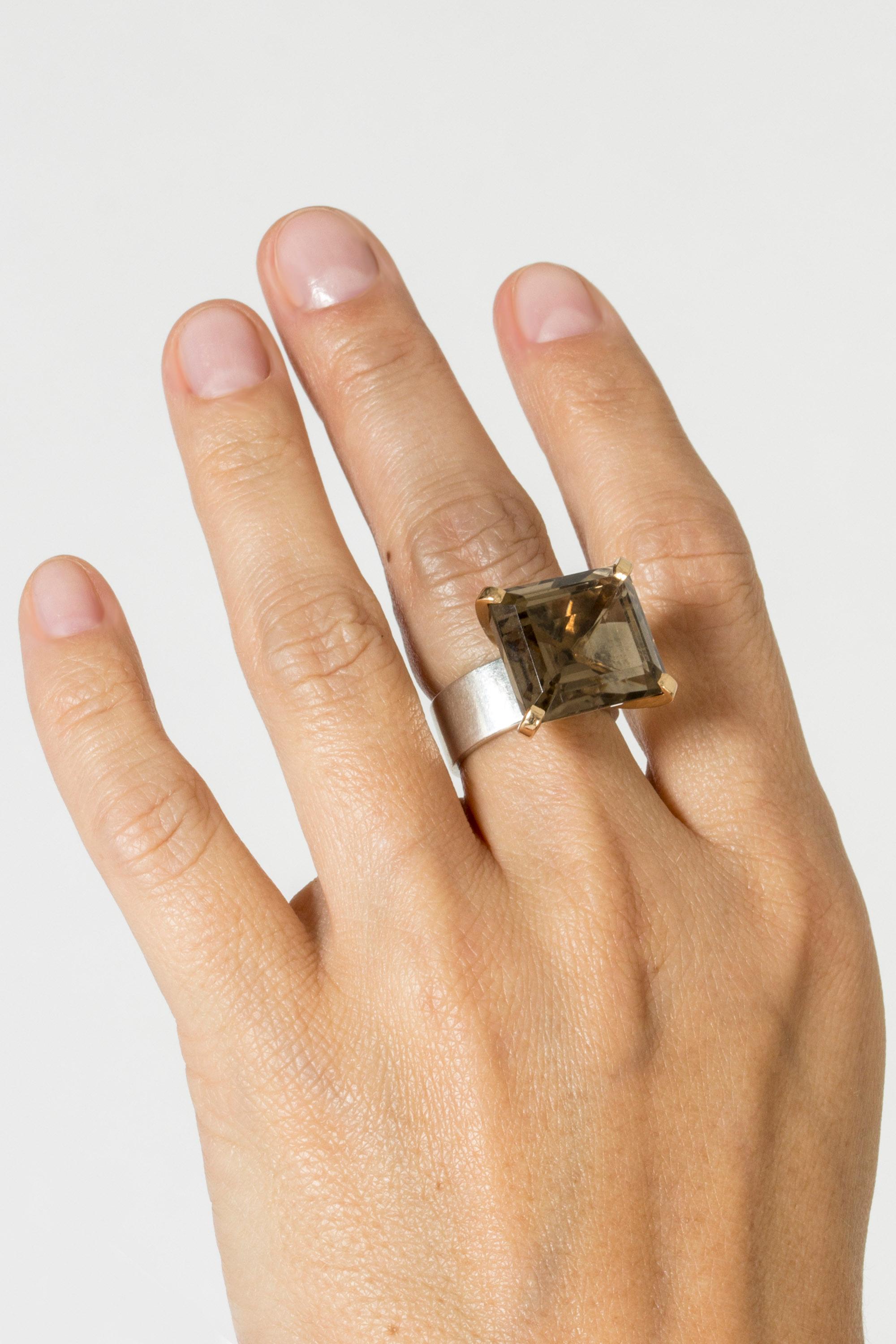 Modernist Vintage Scandinavian silver and gold cocktail ring with smoke quartz