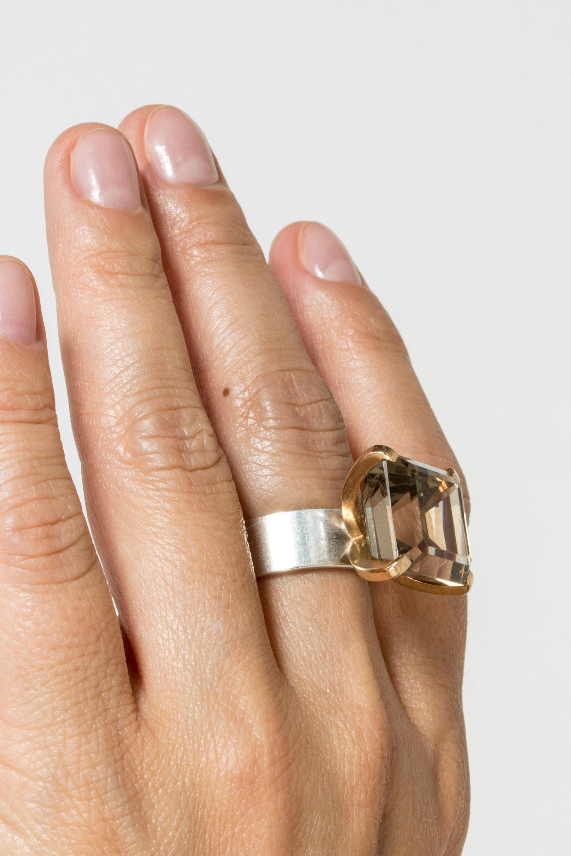 Square Cut Vintage Scandinavian silver and gold cocktail ring with smoke quartz