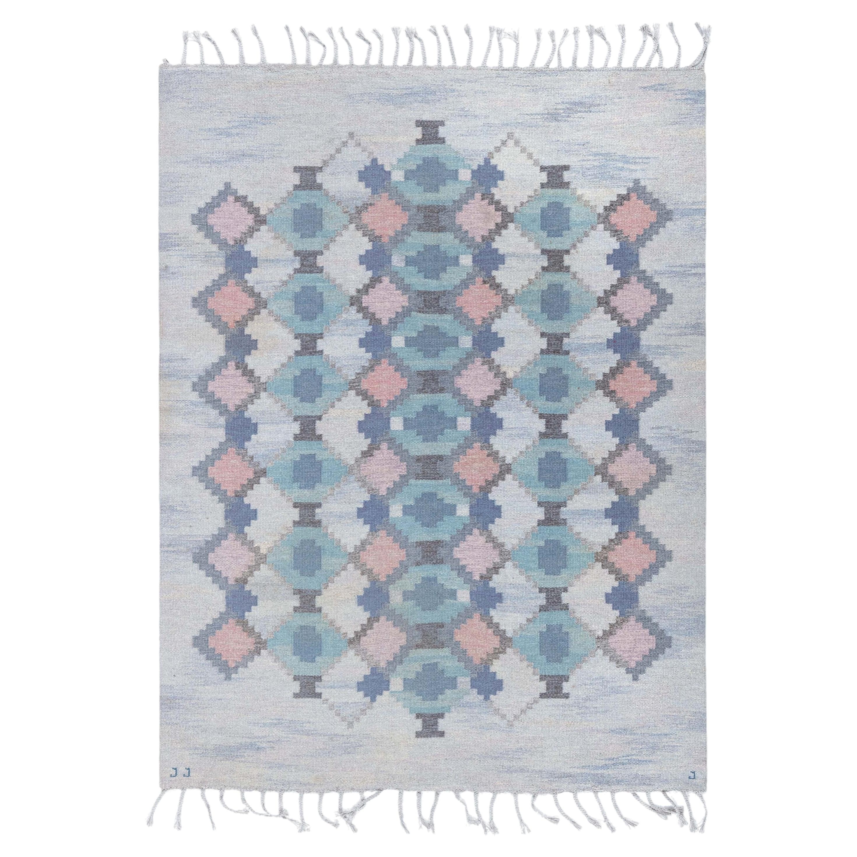 Vintage Scandinavian Slate Gray Flatweave Rug By Judith Johansson For Sale