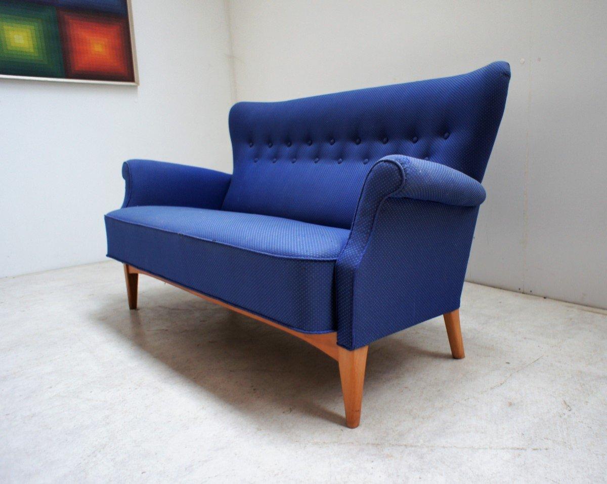 Mid-Century Modern Canapé scandinave vintage en tissu bleu, Fritz Hansen en vente