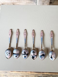 Vintage Scandinavian Sterling Silver Guilloché Enamel Coffee Spoons – Set of 6