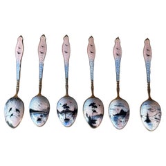 Vintage Scandinavian Sterling Silver Guilloché Enamel Coffee Spoons – Set of 6