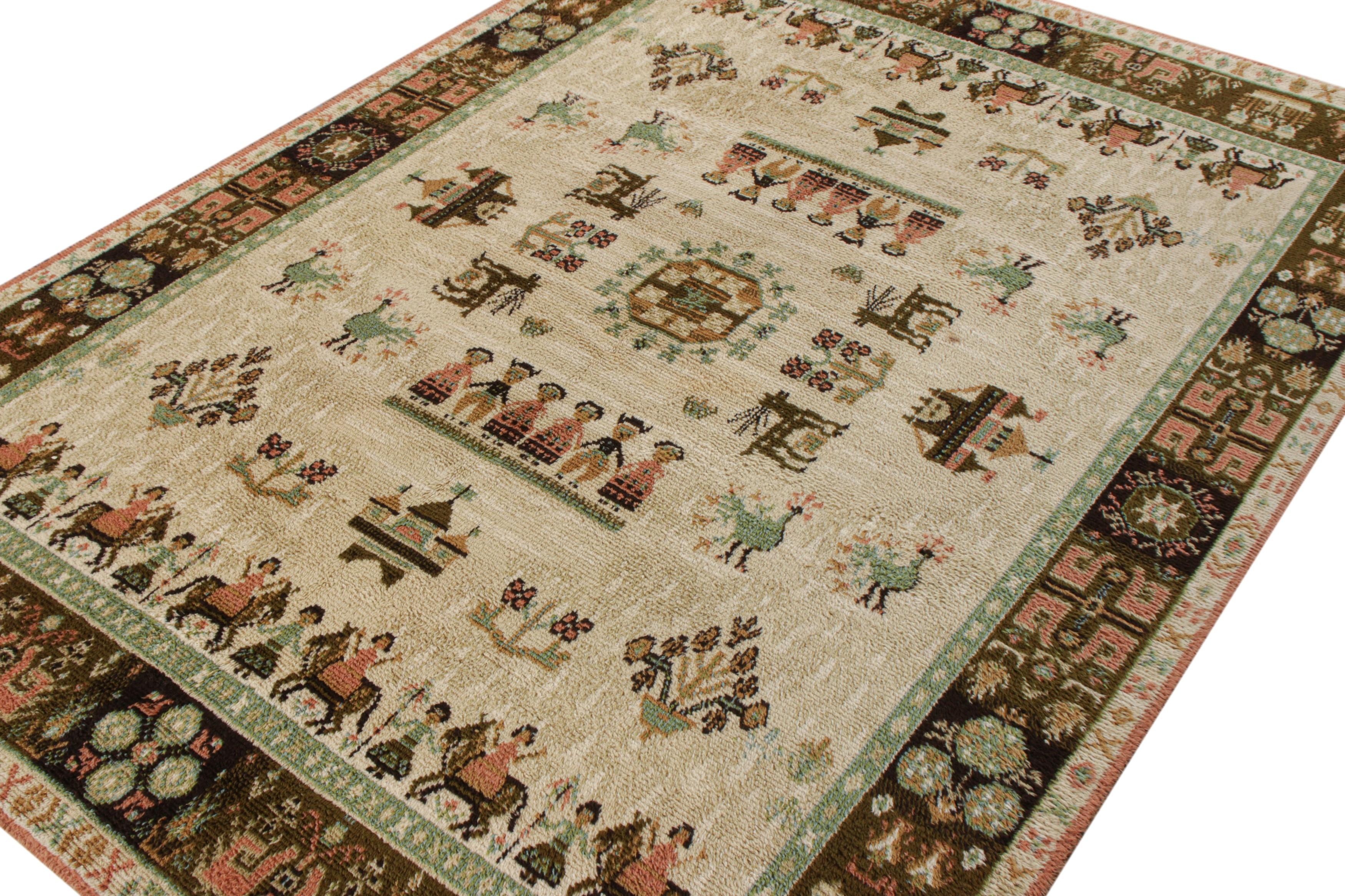Hand-knotted in wool, a splendid 8x11 vintage rug from Rug & Kilim’s coveted Antique & Vintage Collection. The rug displays the beauty of Scandinavian folk art through an expressive collectible pictorial from the 1950s featuring animals, flowers,