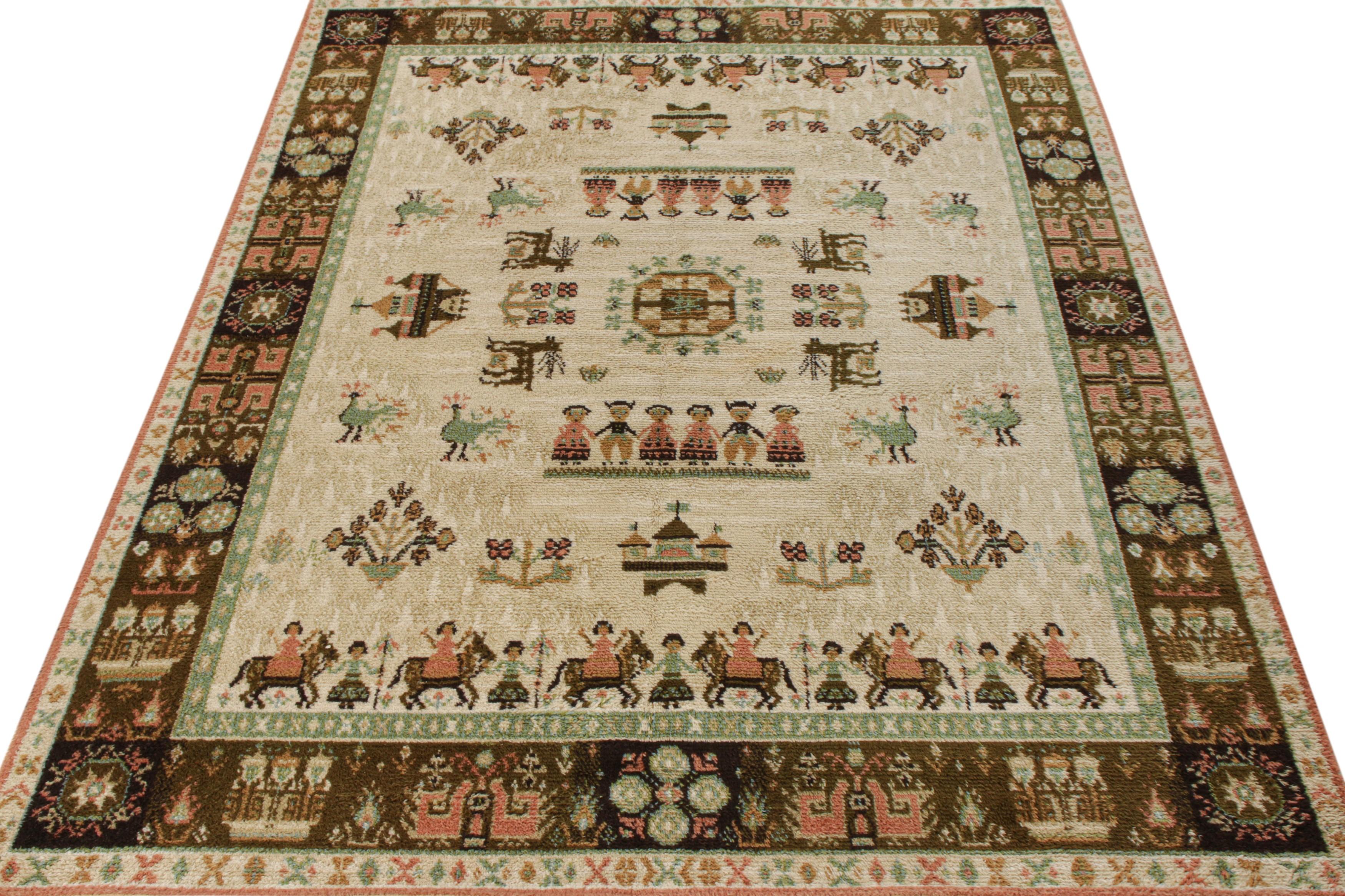 Vintage-Teppich im skandinavischen Vintage-Stil in Beige, Grün, Bildmuster von Teppich & Kelim (Stammeskunst) im Angebot