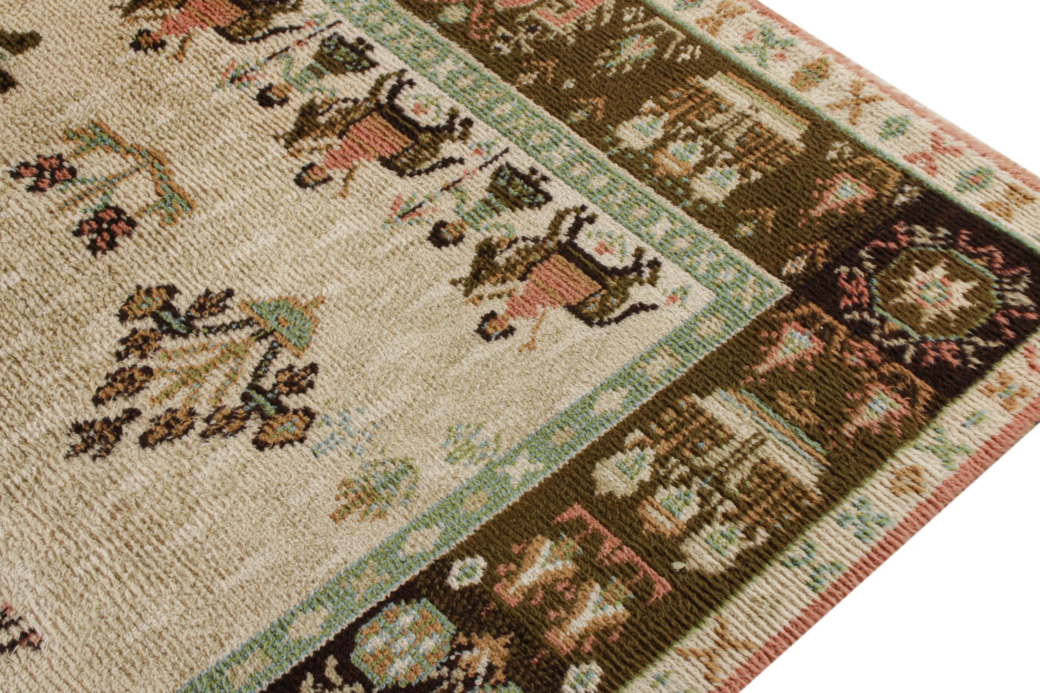 Vintage-Teppich im skandinavischen Vintage-Stil in Beige, Grün, Bildmuster von Teppich & Kelim (Handgeknüpft) im Angebot