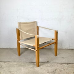 Vintage Scandinavian Style Safari Lounge Chair, Wood Frame and Natural Canvas