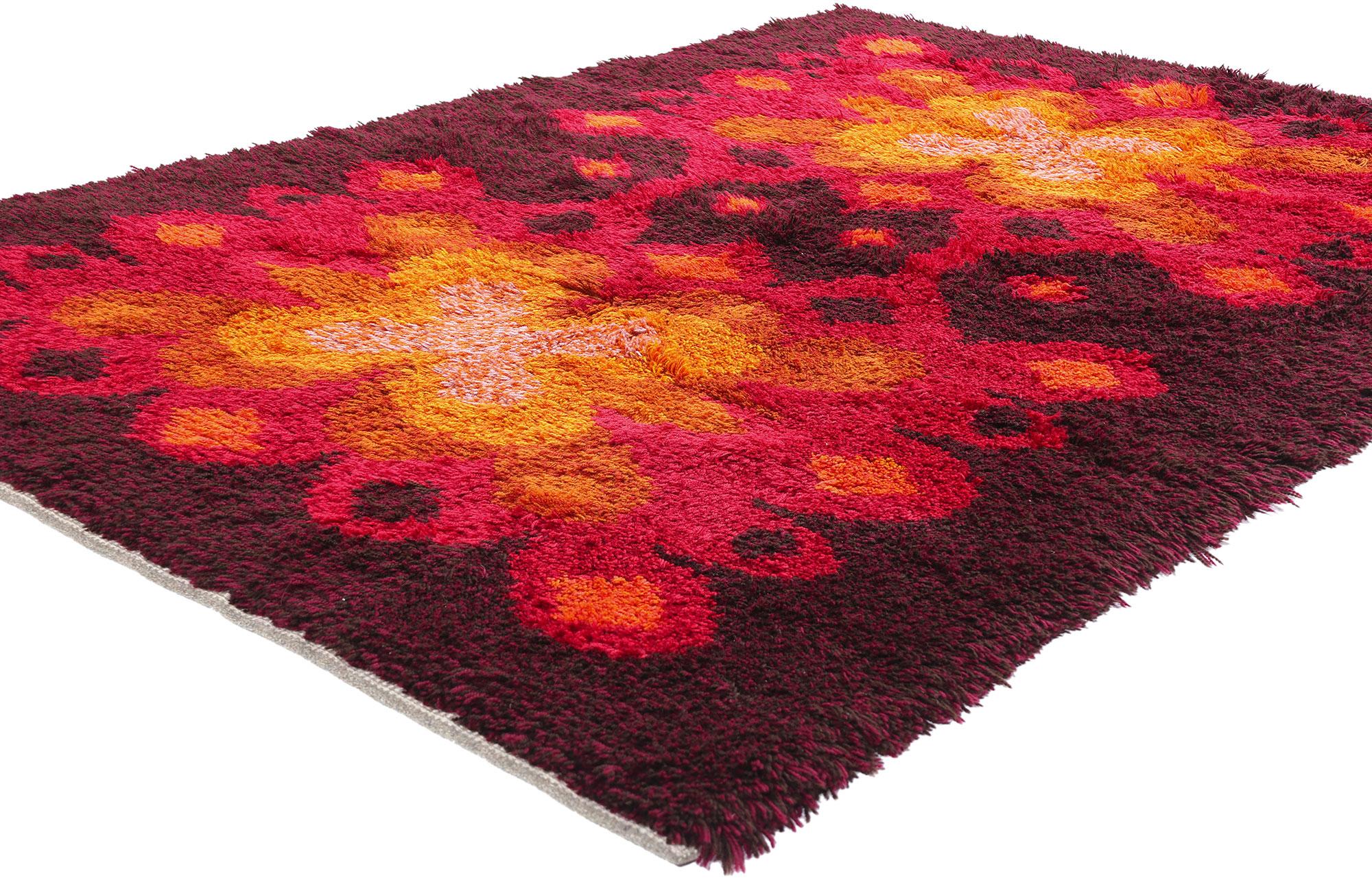 79051 Vintage Scandinavian Swedish Rya Rug, 05'03 x 07'06. This exquisite vintage Swedish rya rug is a canvas of warmth and vibrant energy, a testament to mid-century Scandinavian design that transformed functional textiles into expressive art. The