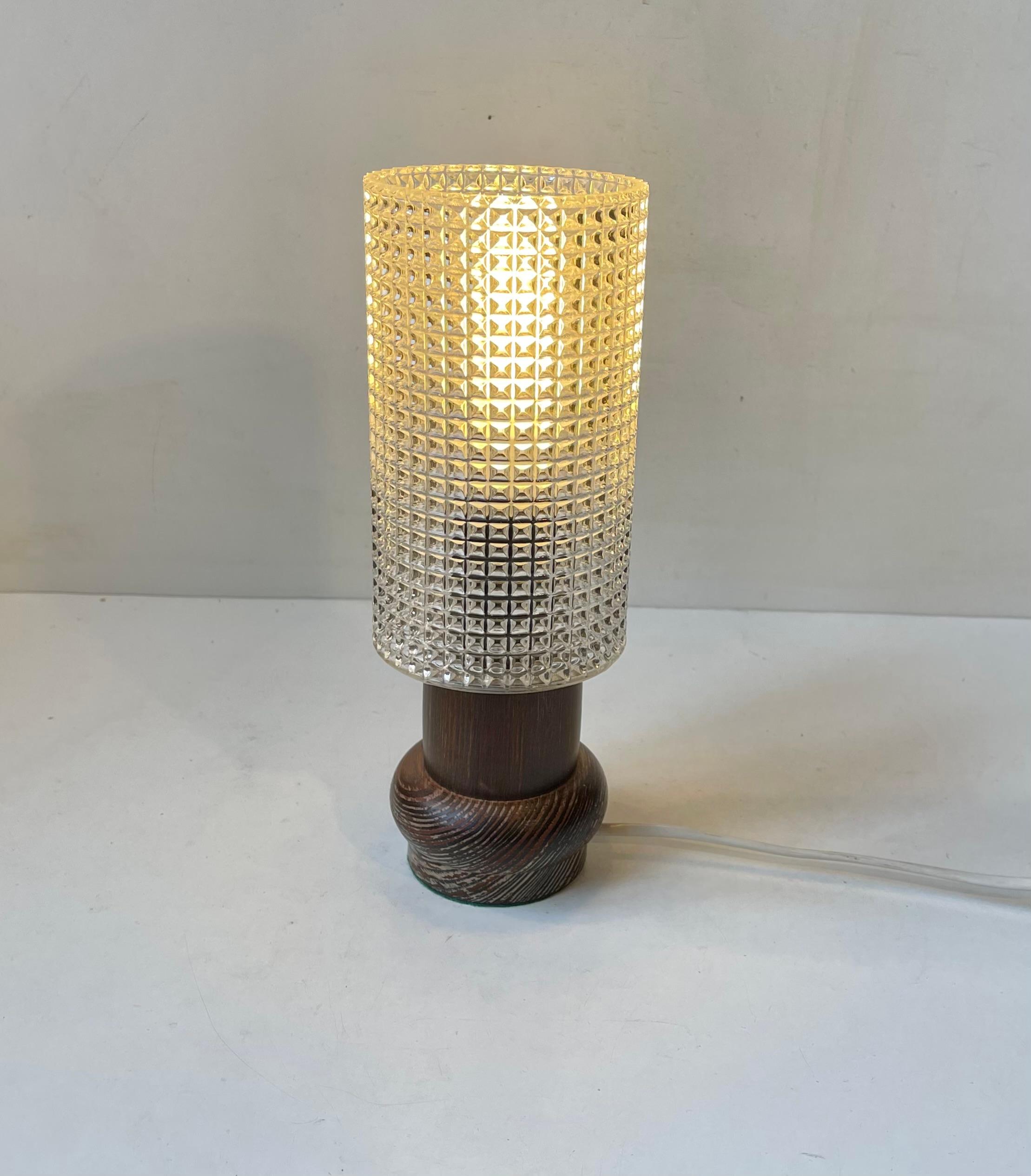 Scandinavian Modern Vintage Scandinavian Table Lamp in Zebra Wood & 'Diamond' Glass, 1970s For Sale