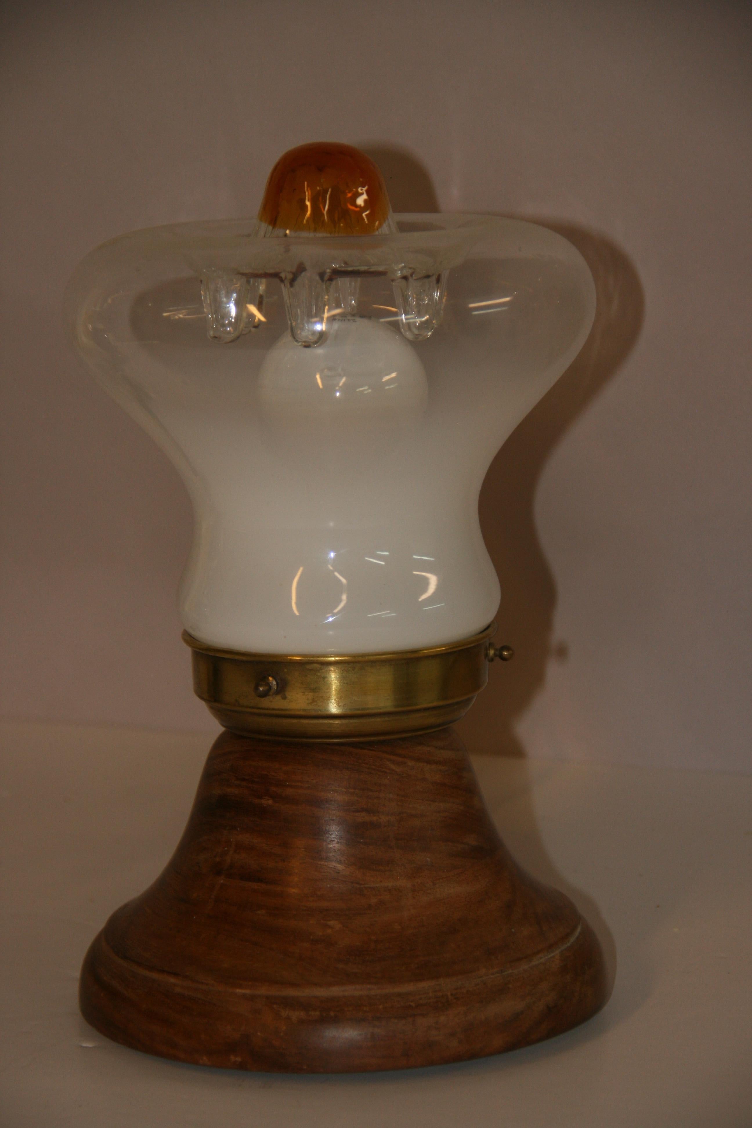 Vintage Scandinavian Table Lamp with Mazzega Glass and Solid Teak Base In Good Condition For Sale In Douglas Manor, NY