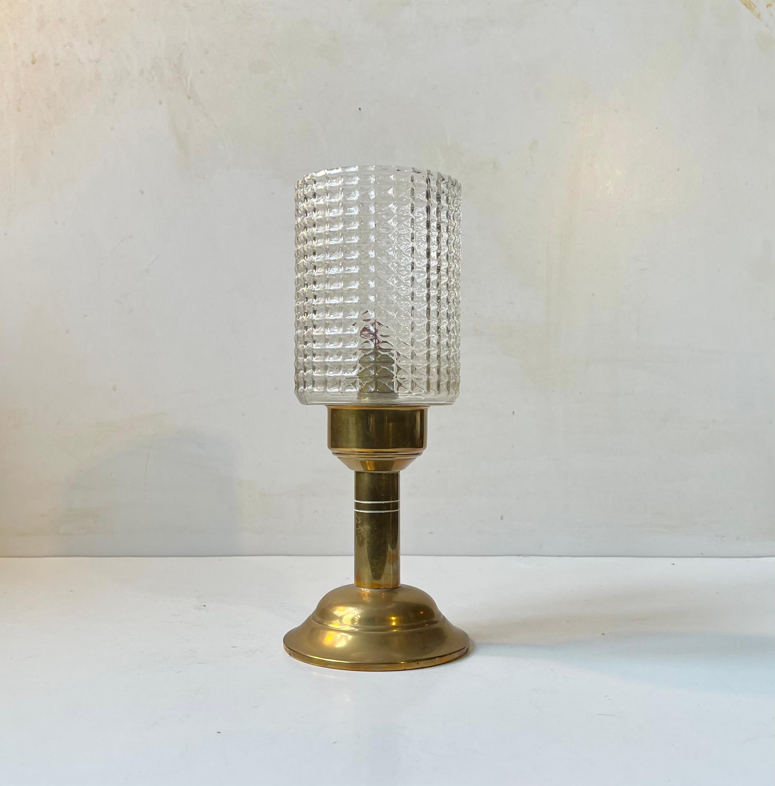 Scandinavian Modern Vintage Scandinavian Table Oil Lamp in Brass & Diamond Glass, 1970s For Sale