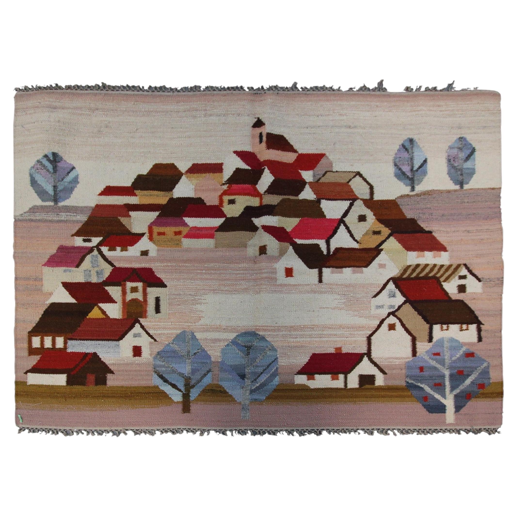 VINTAGE Scandinavian Tapestry Flatwoven European Kilim 135x158cm Signed 4X5 Rug