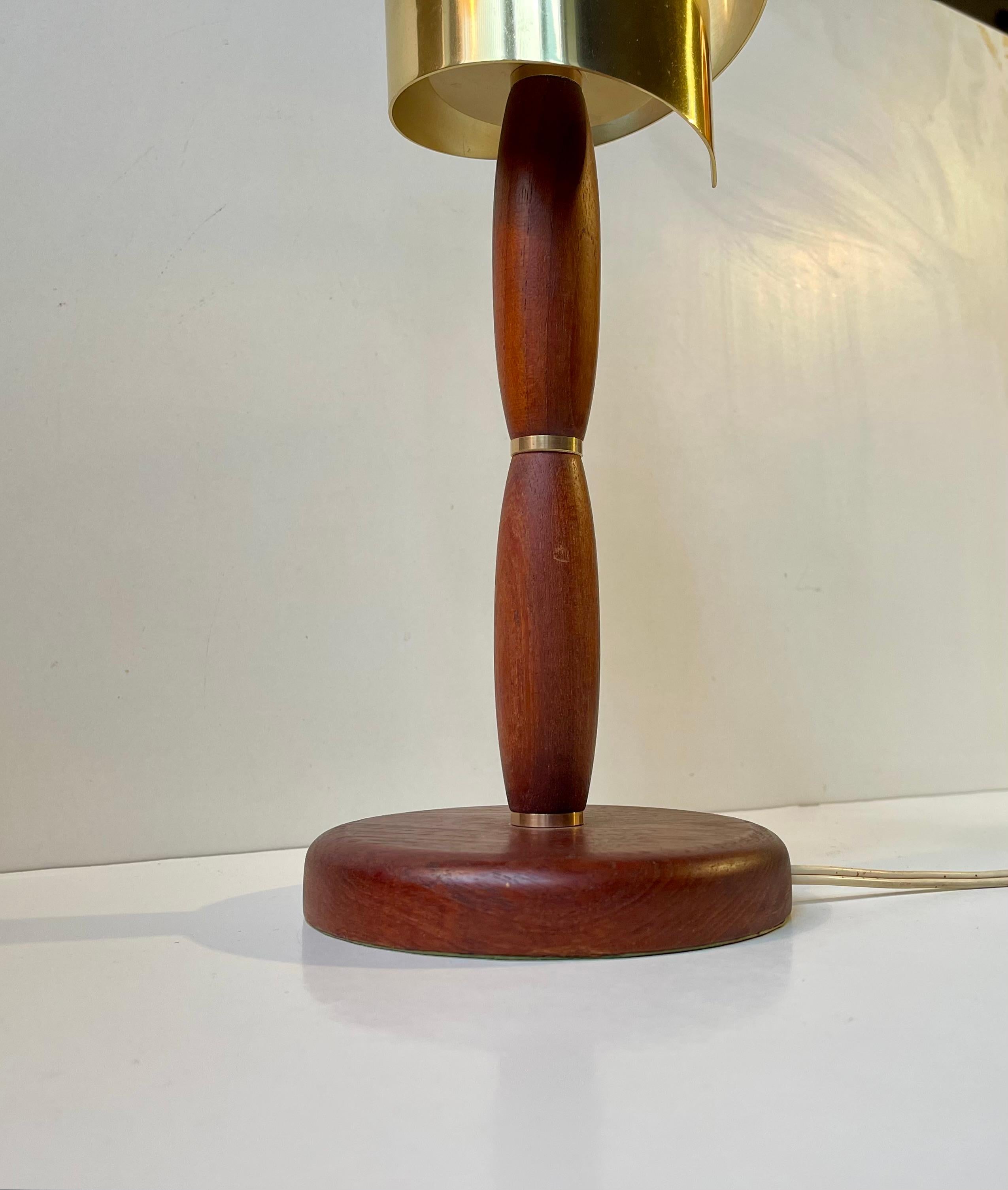 20th Century Vintage Scandinavian Teak and Brass Table Lamp with Spiral 'Gold' Shade For Sale