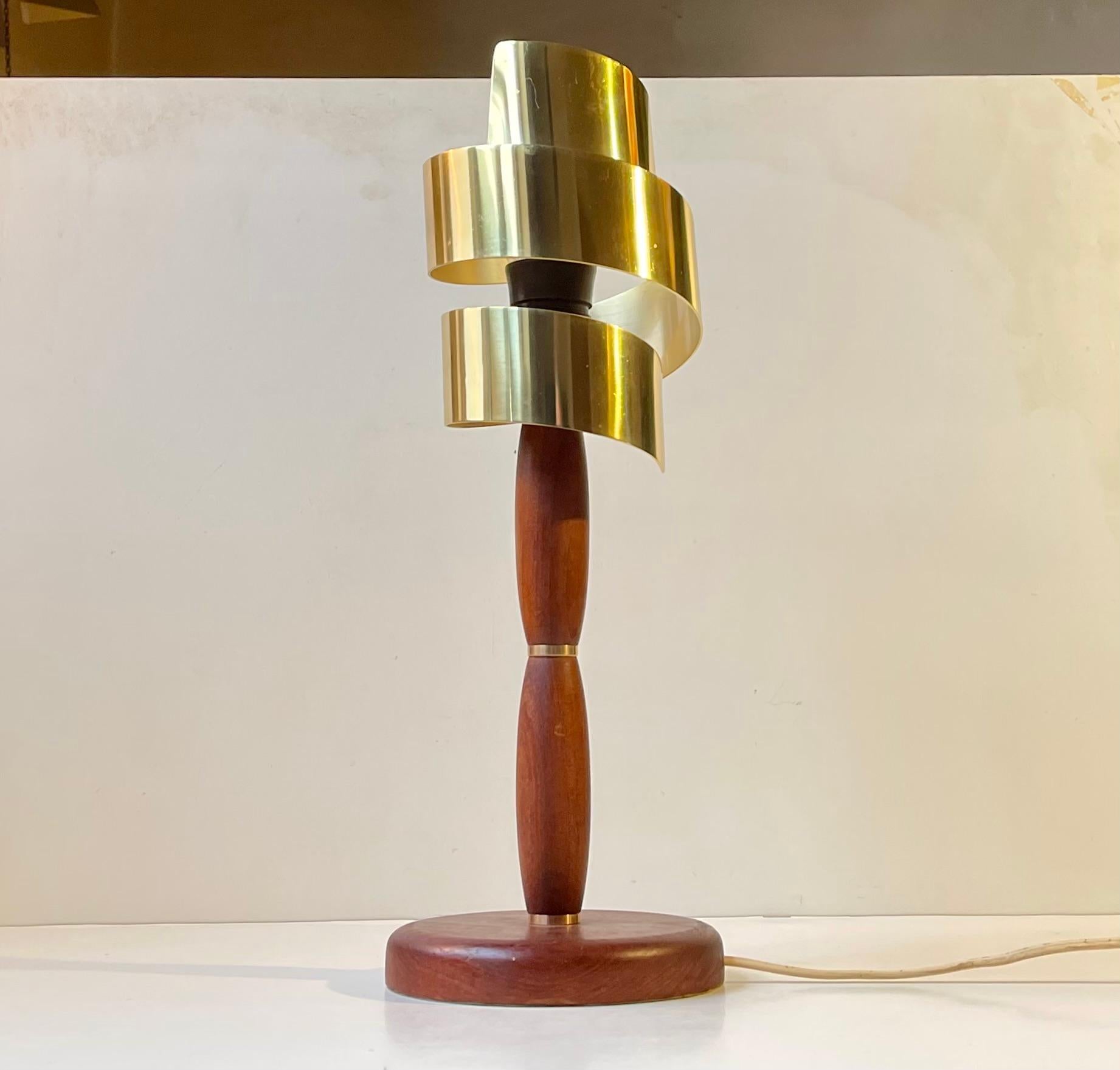 Metal Vintage Scandinavian Teak and Brass Table Lamp with Spiral 'Gold' Shade For Sale