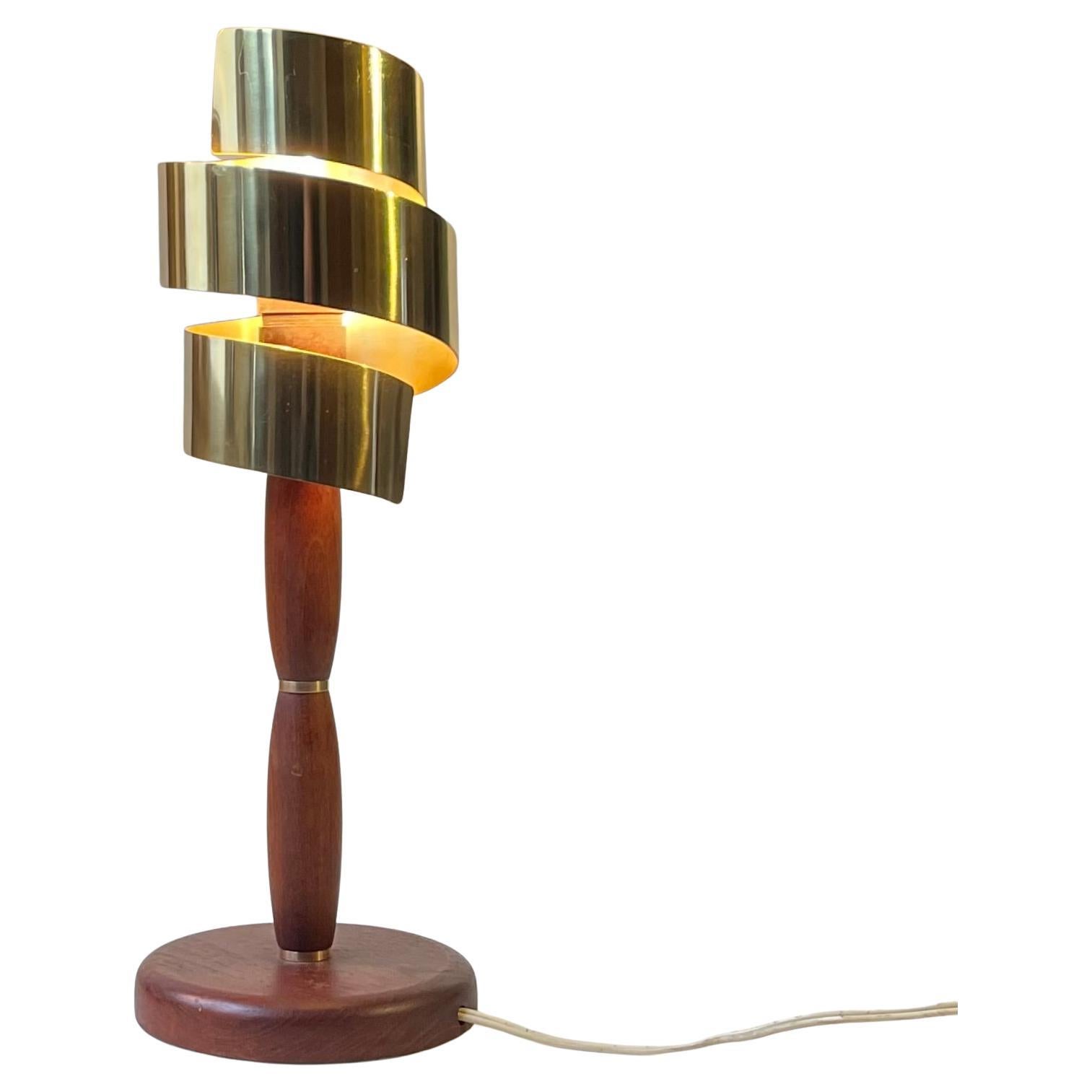 Vintage Scandinavian Teak and Brass Table Lamp with Spiral 'Gold' Shade