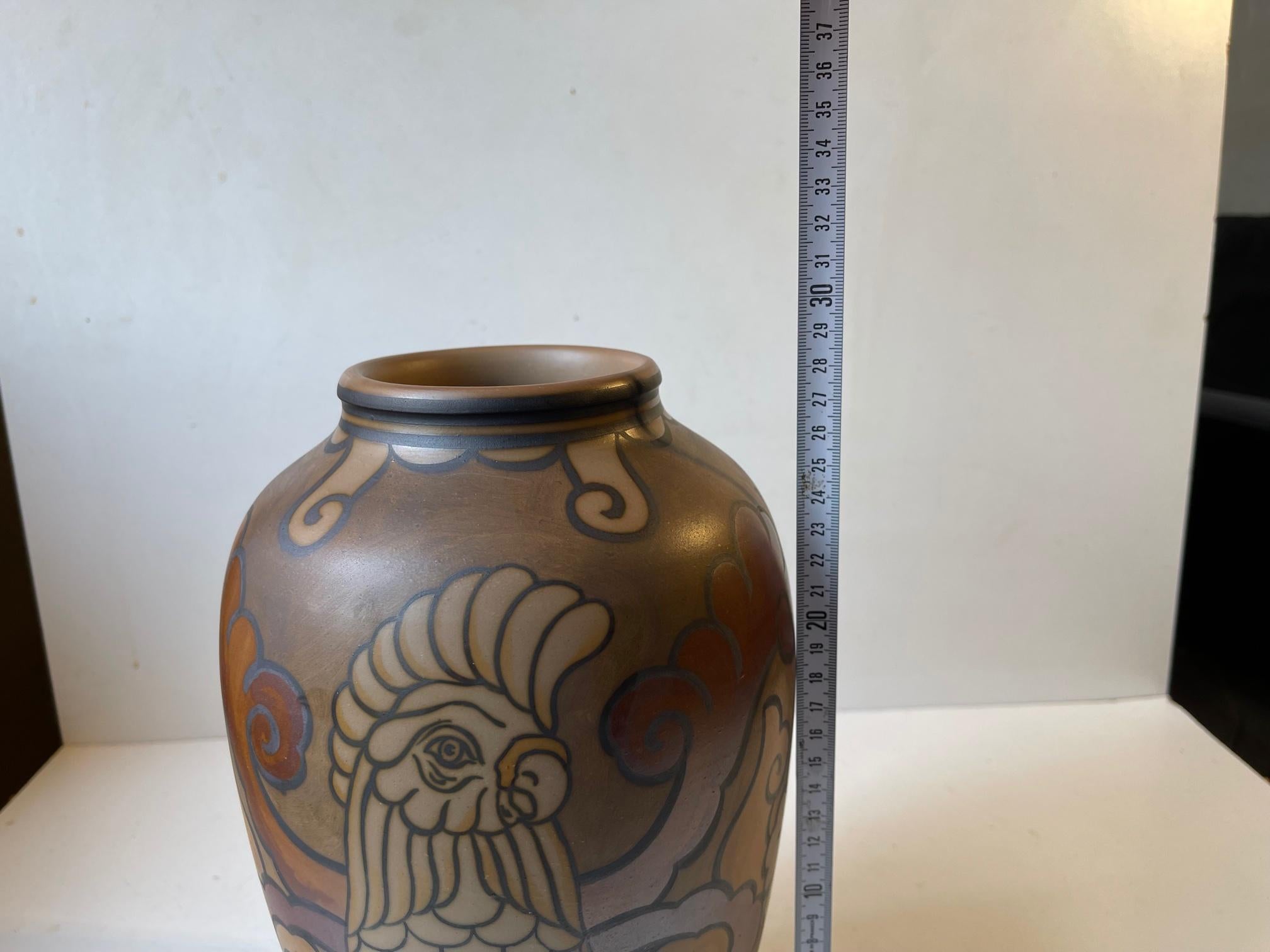 Vintage Scandinavian Terracotta Vase with Parrot by L. Hjorth, 1940s In Good Condition In Esbjerg, DK