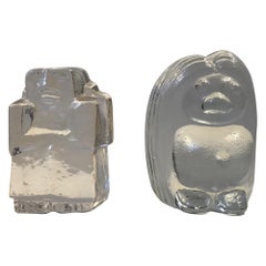 Vintage Scandinavian Troll Figurines, Bookends in Ice Glass by Bergdala, Kosta