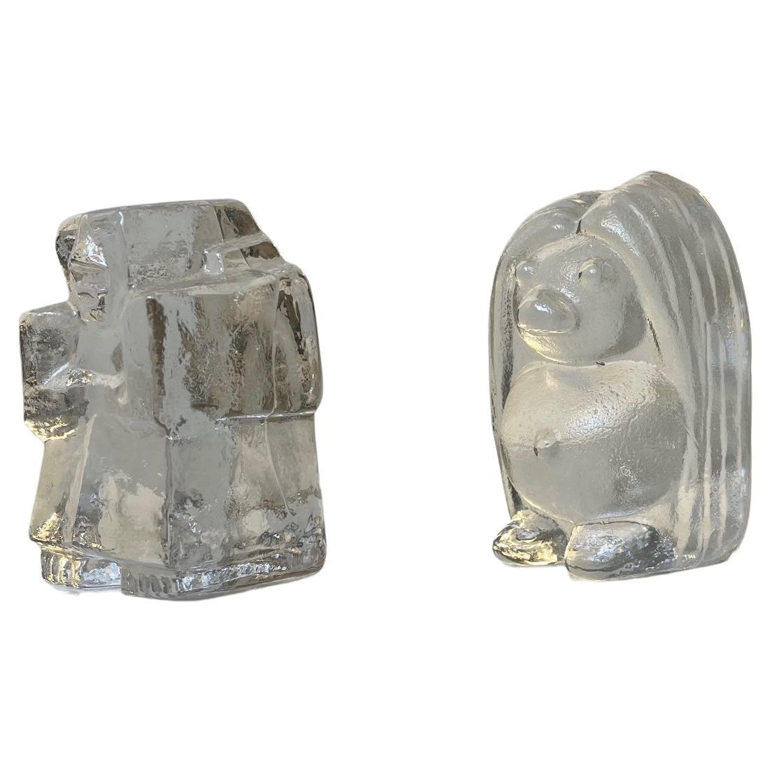 Vintage Scandinavian Troll Figurines Bookends in Ice Glass by Höglund & Bergdala For Sale