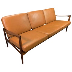 Vintage Scandinavian Walnut & Leather "Candidate" Sofa by Kofod Larsen for OPE