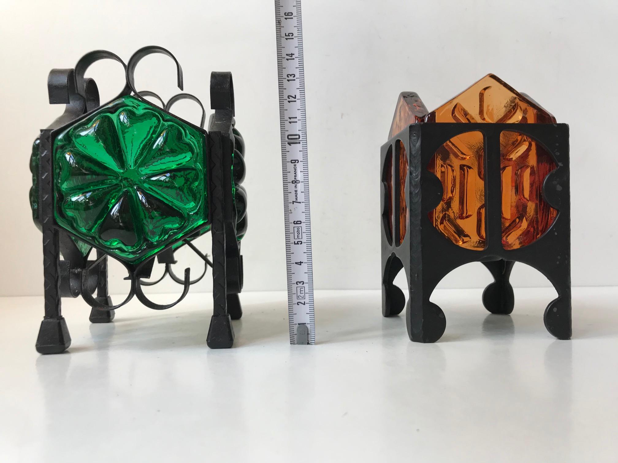 Mid-20th Century Vintage Scandinavian Wrought Iron and Glass Tea Light Candle Lamps, 1970s For Sale