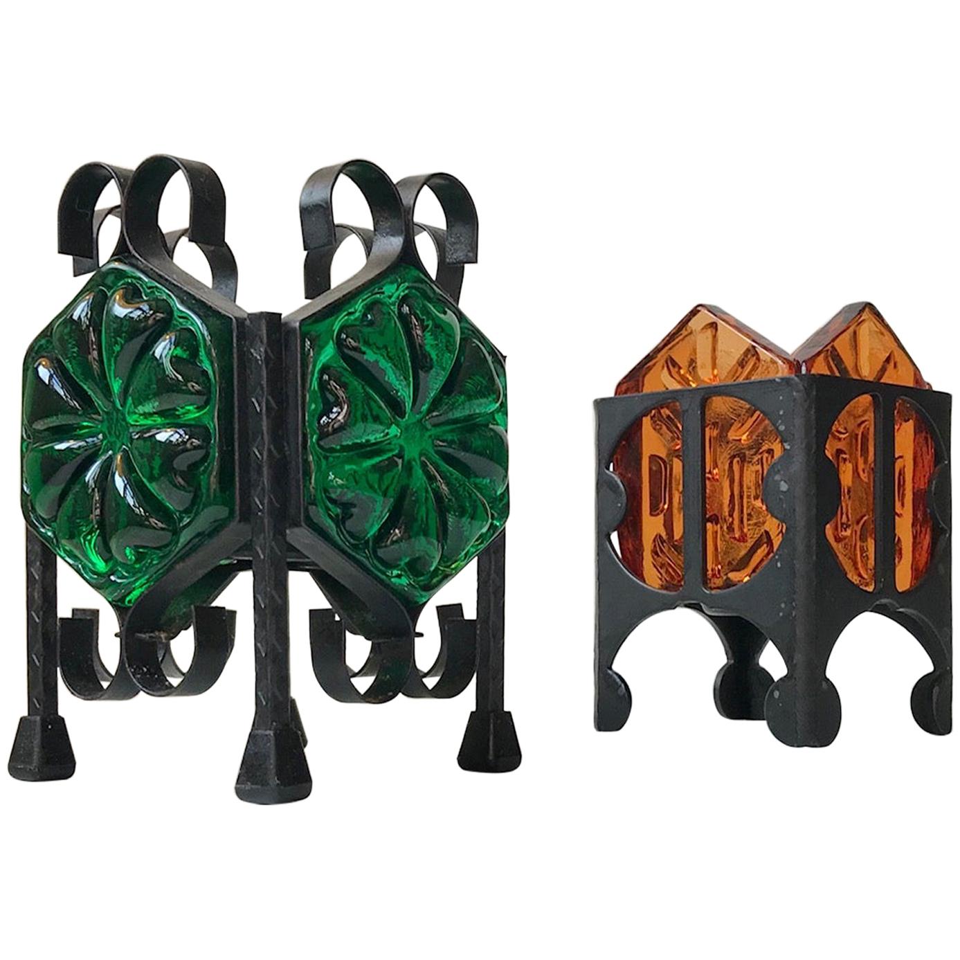 Vintage Scandinavian Wrought Iron and Glass Tea Light Candle Lamps, 1970s For Sale