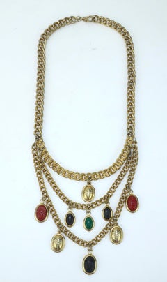 Vintage Scarab Bib Chain Link Egyptian Style Necklace, C.1980