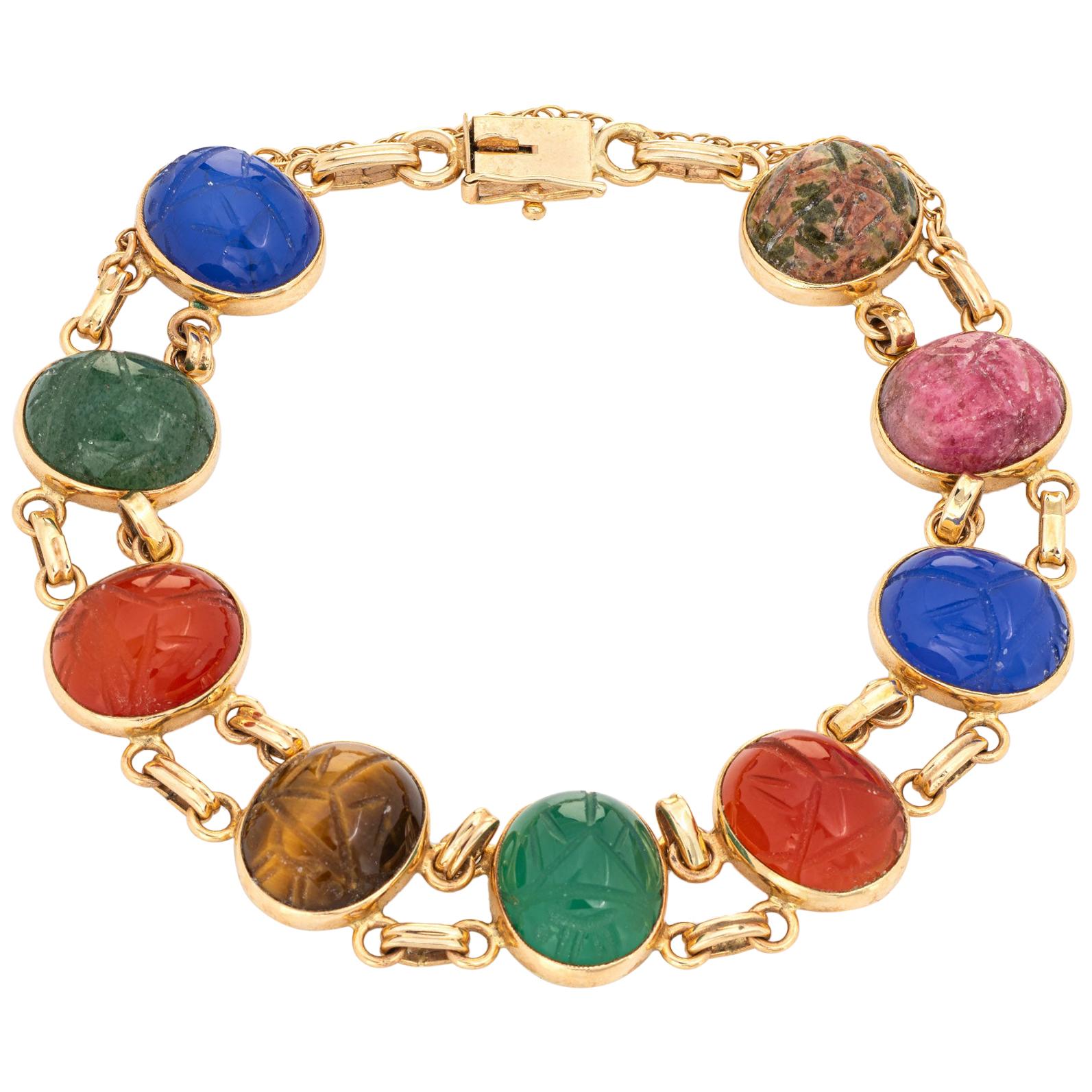 Vintage Scarab Bracelet 14k Yellow Gold Multi Charms Beetle Jewelry Fine Estate