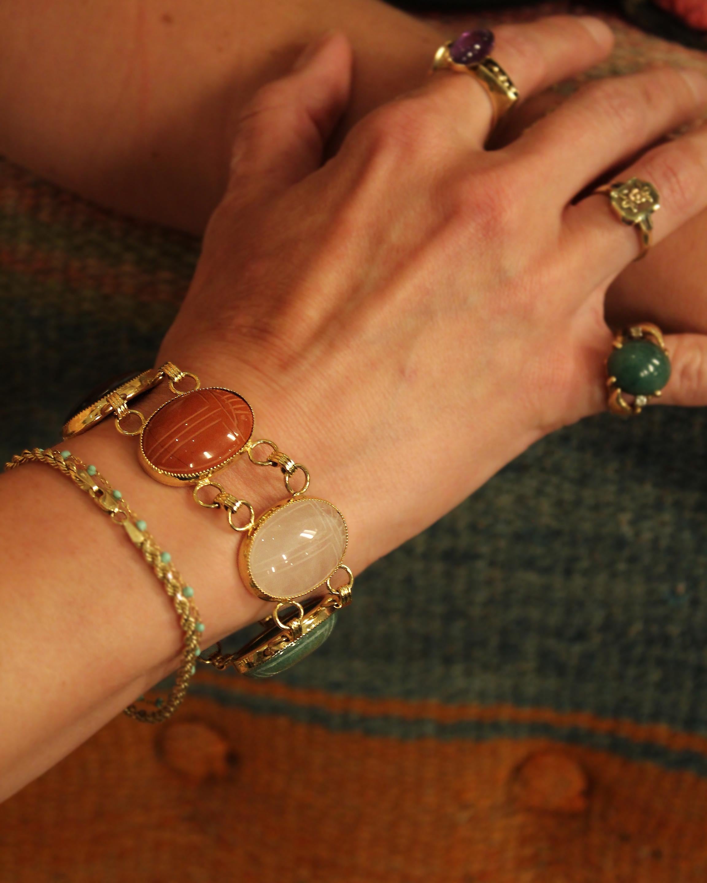 This vintage scarab bracelet is such a timeless addition to any jewelry wardrobe; I adore scarab jewelry in all forms. How did a lowly specimen become an exalted figure, represented in jewelry for centuries? It started with the ancient Egyptians,