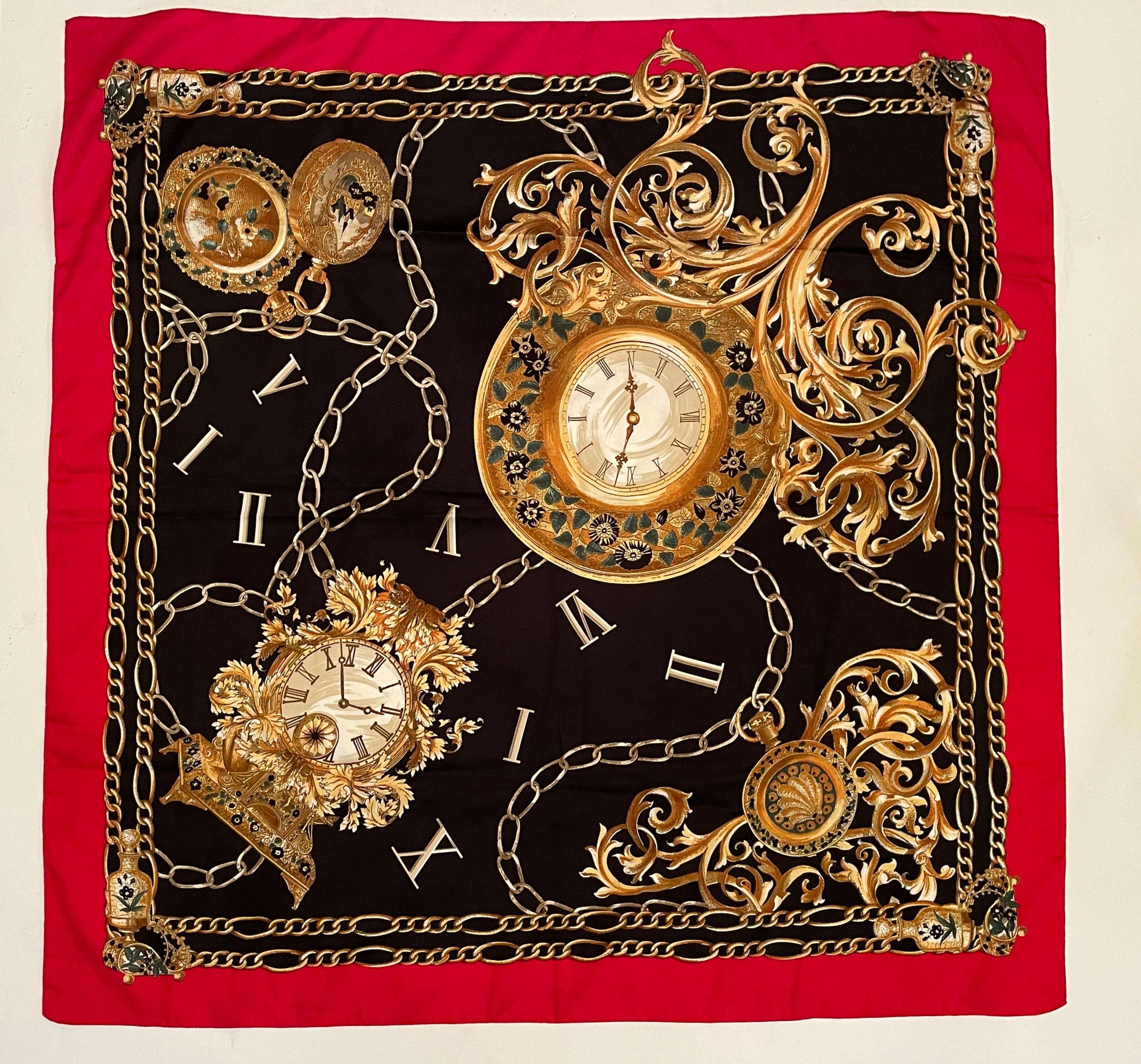 A gorgeous vintage Hermes style design scarf featuring large and small victorian clocks, wall clocks, pocket clocks and roman numbers with gold chains around.
Print in gold colors on black background with a red border.
The colors are rich and bold