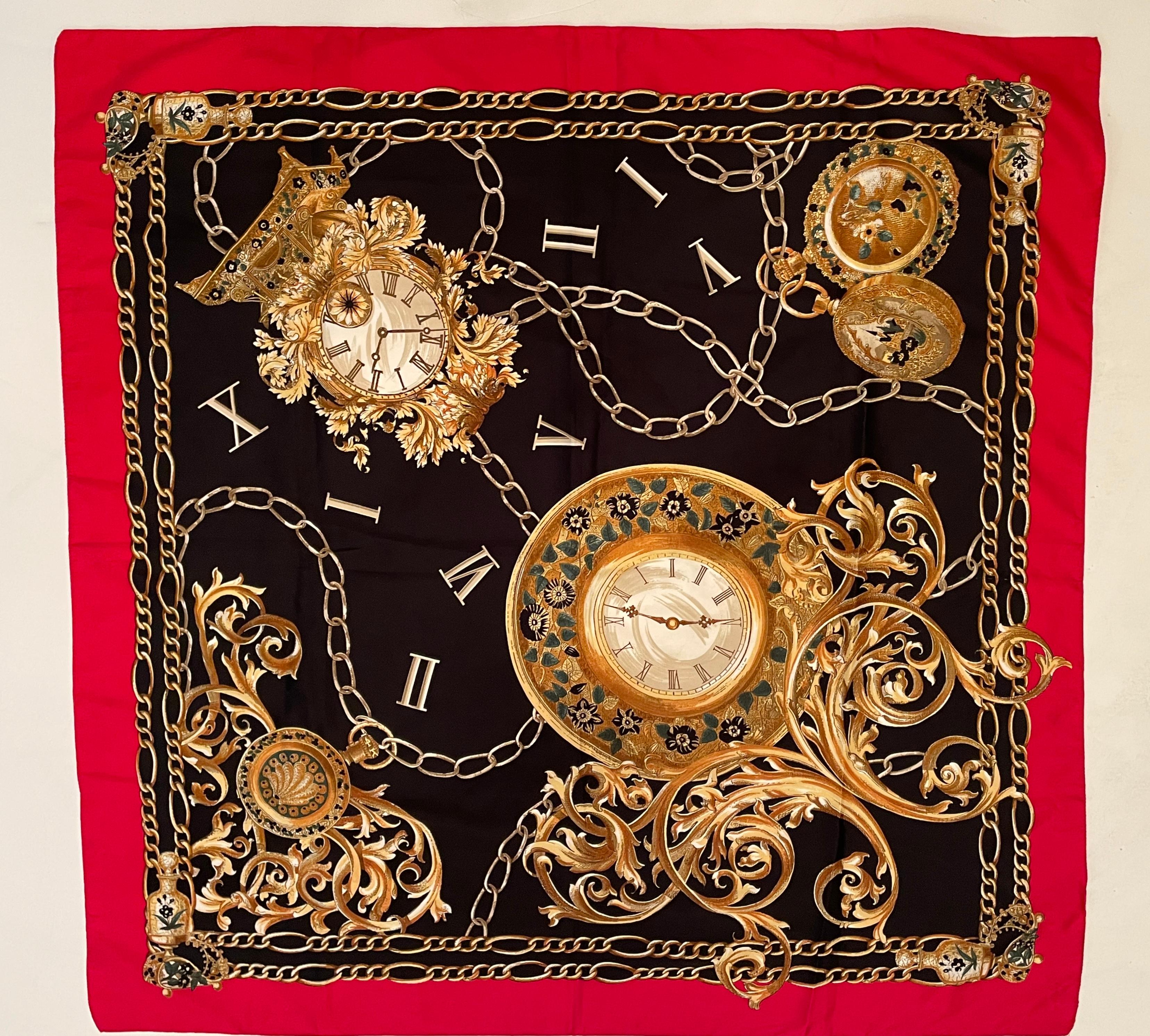 Vintage Scarf Featuring Large and Small Victorian Clocks  In Good Condition For Sale In North Hollywood, CA