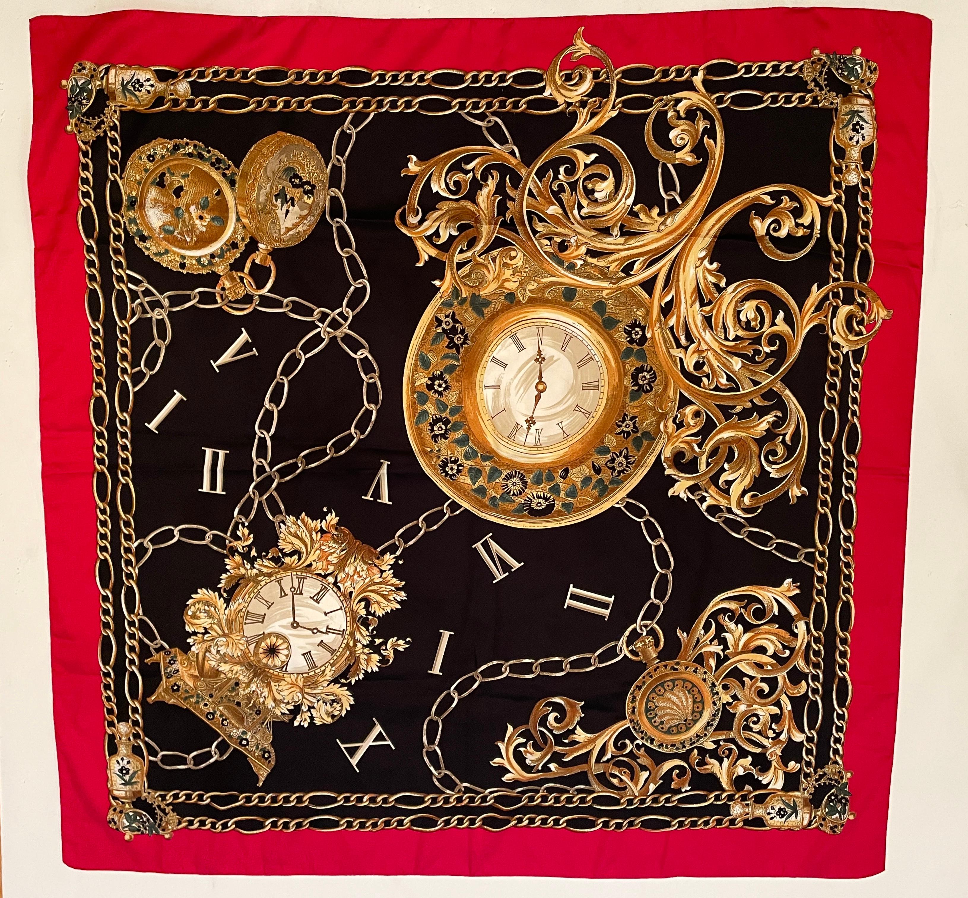 Écharpe vintage présentant de grandes et de petites horloges victoriennes  Unisexe en vente