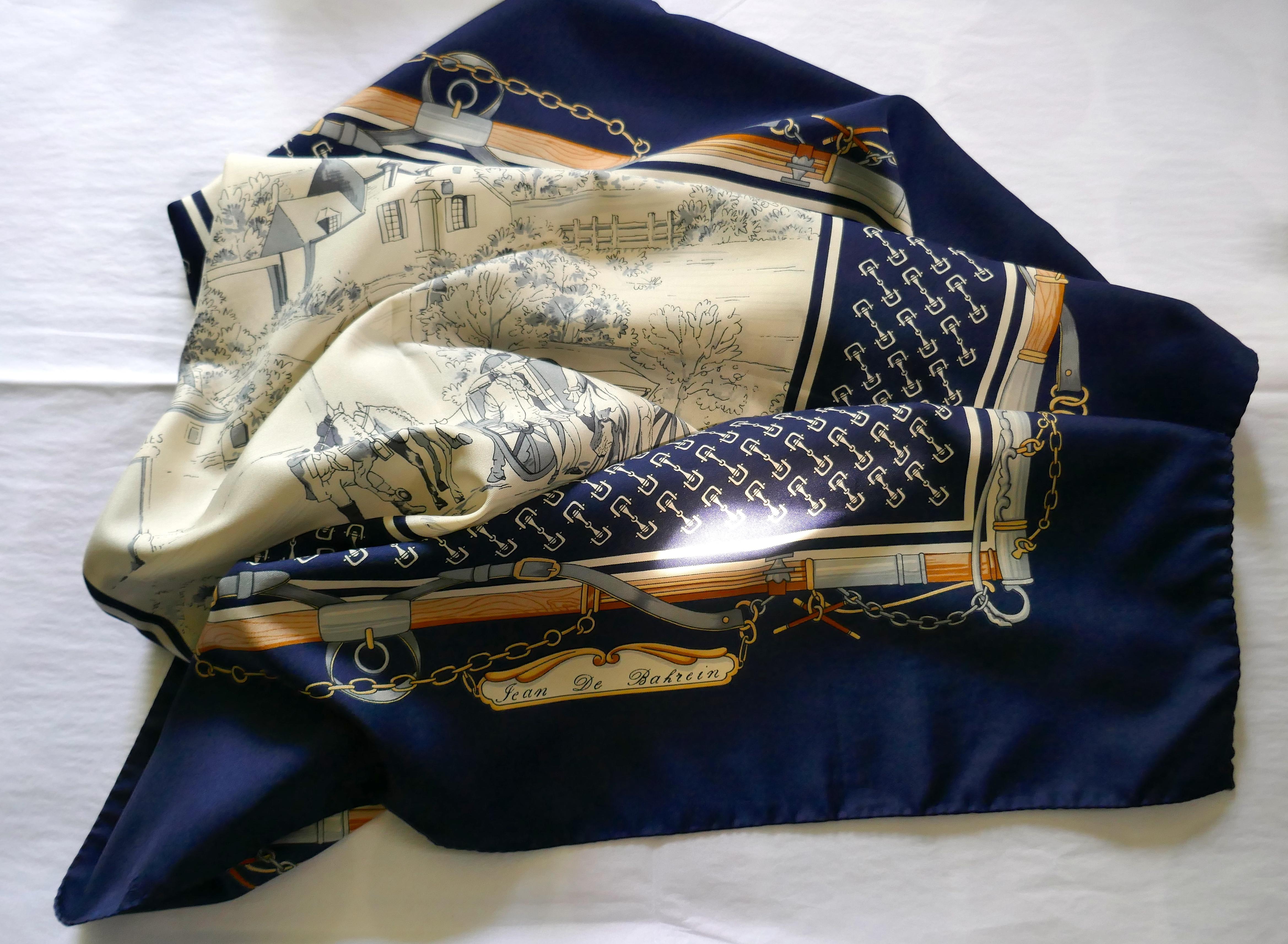 Vintage Scarf, Jean de Bahrein Scarf, 19th century Coaching Design 

Charming coaching scene, in French Navy and White 

Probably Polyester, no care label 
Scarf measures 30”x 30”, in Very good  Vintage Condition
 

F107
 
