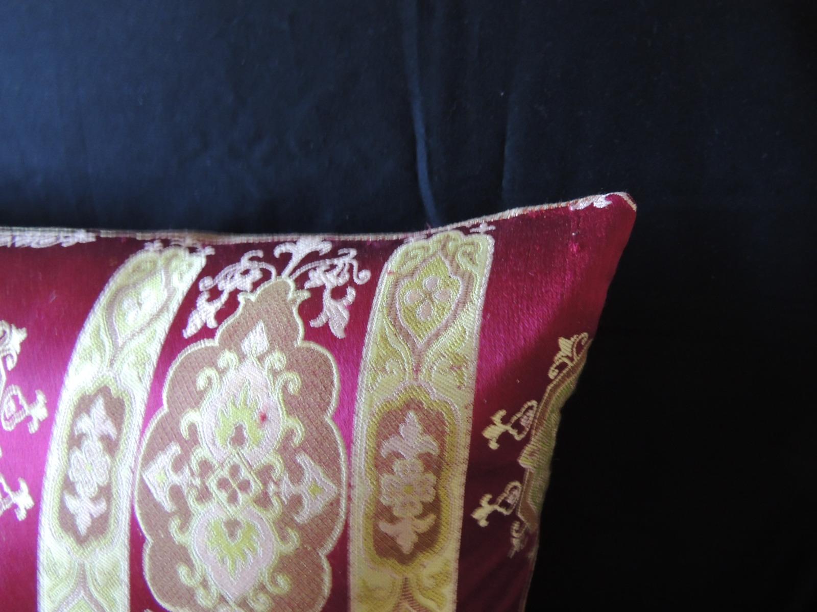 Hollywood Regency Vintage Scarlet Red and Gold Silk Brocade Bolster Decorative Pillow For Sale