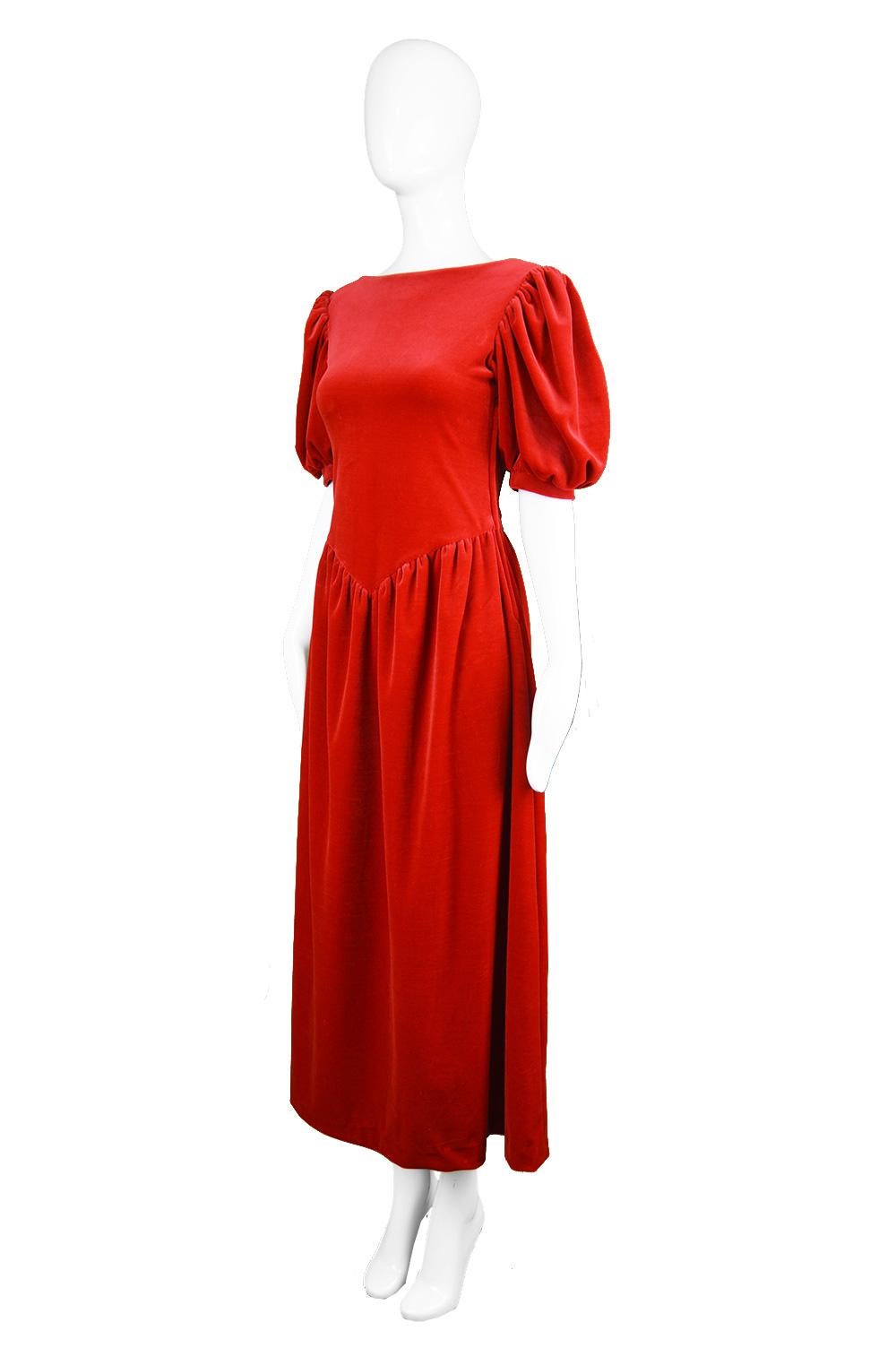 Vintage Scarlet Velour Velvet Deep Back Puff Sleeve Evening Dress, 1980s In Excellent Condition In Doncaster, South Yorkshire