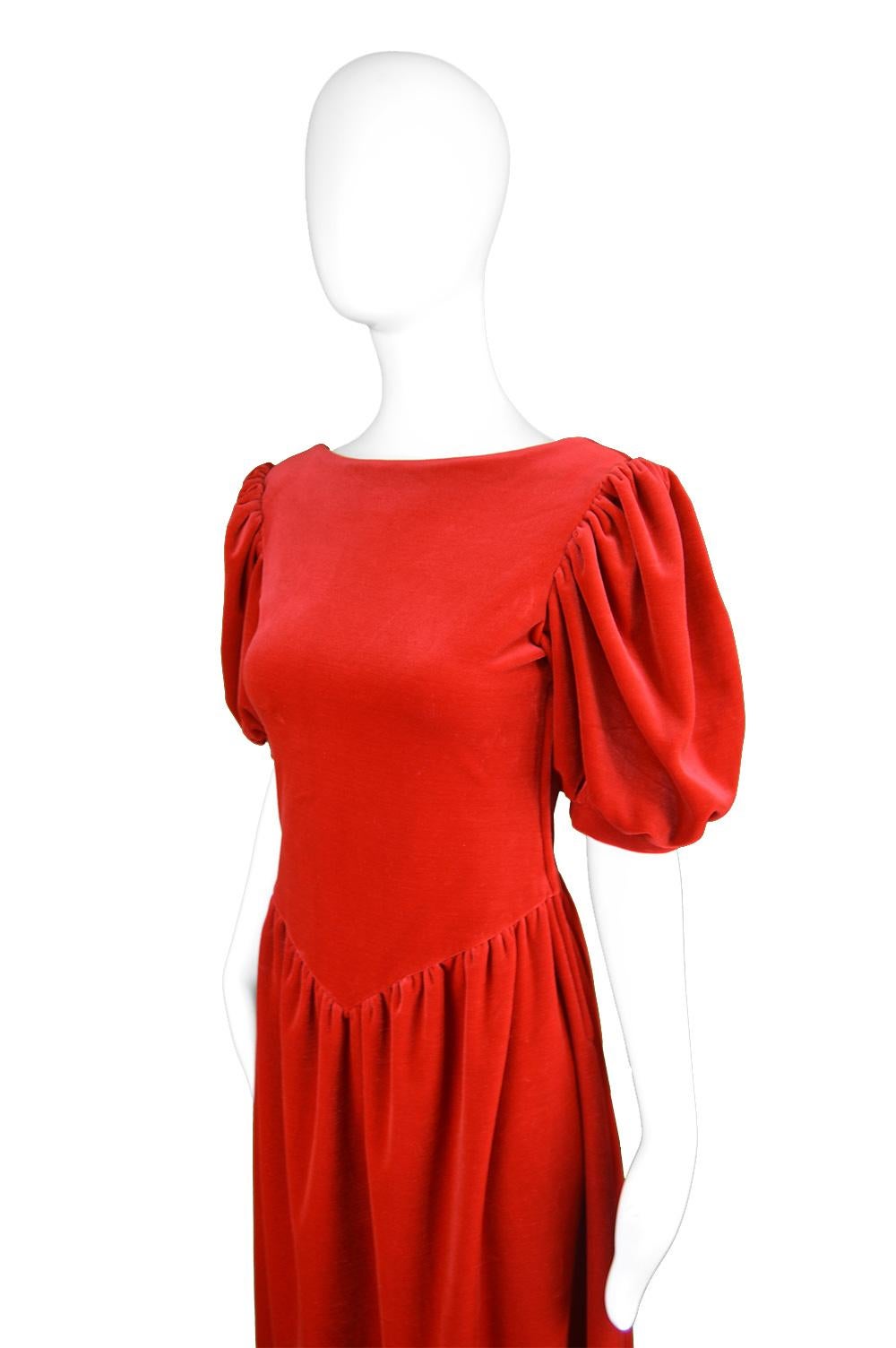 Women's Vintage Scarlet Velour Velvet Deep Back Puff Sleeve Evening Dress, 1980s
