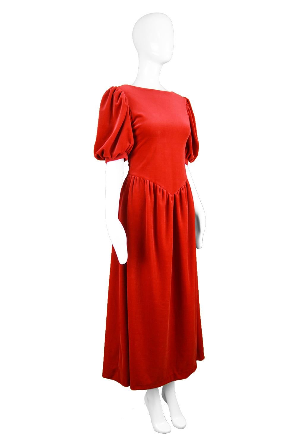 Vintage Scarlet Velour Velvet Deep Back Puff Sleeve Evening Dress, 1980s 1