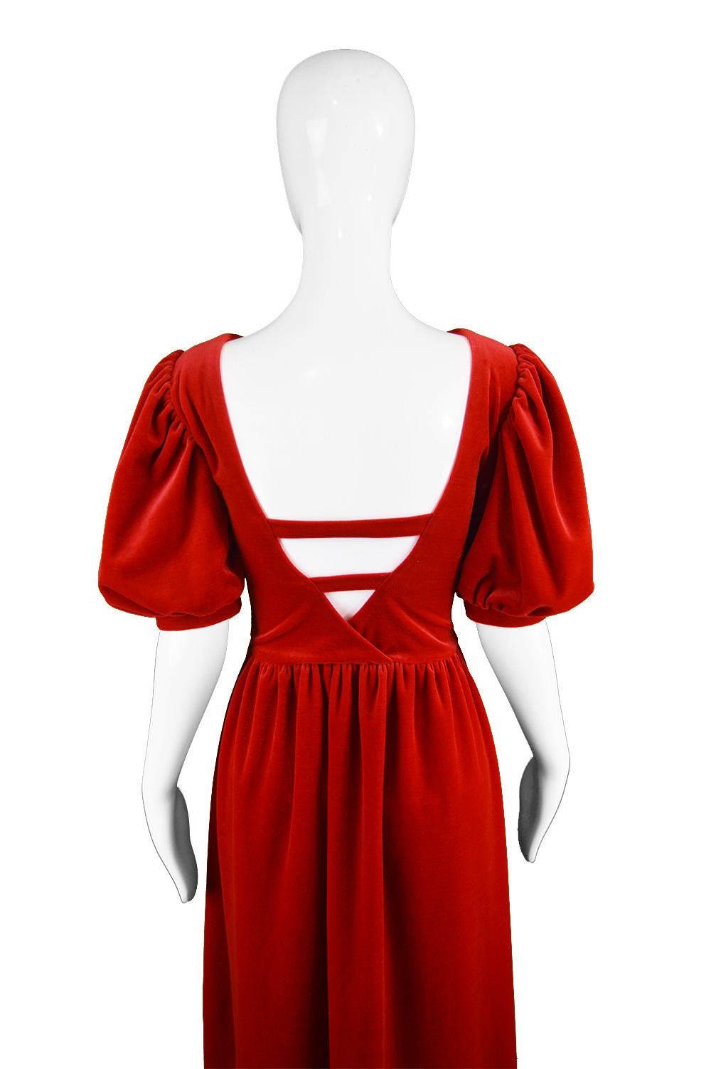 Vintage Scarlet Velour Velvet Deep Back Puff Sleeve Evening Dress, 1980s 2