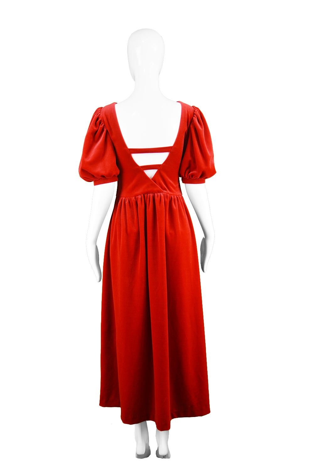 Vintage Scarlet Velour Velvet Deep Back Puff Sleeve Evening Dress, 1980s 3