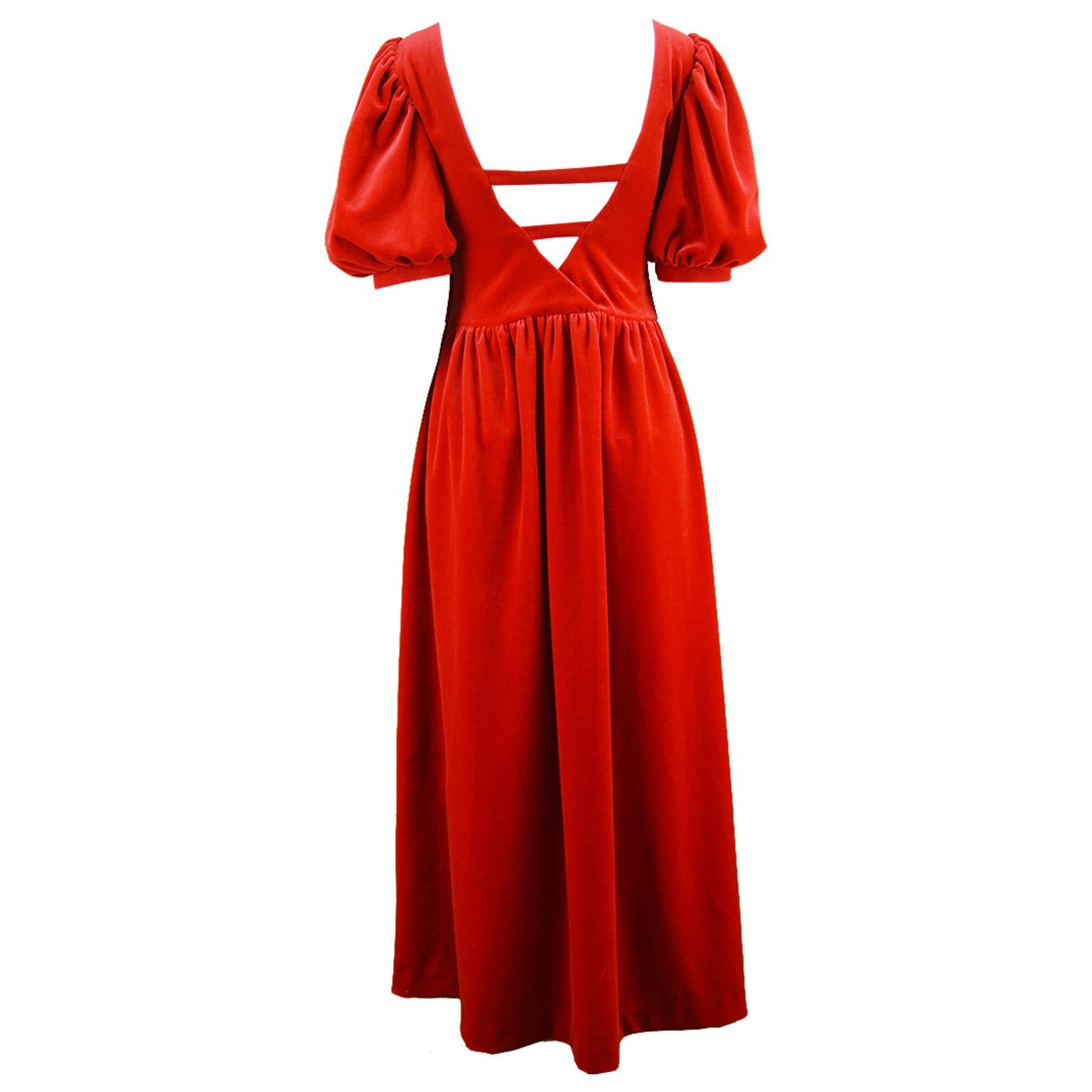 Vintage Scarlet Velour Velvet Deep Back Puff Sleeve Evening Dress, 1980s