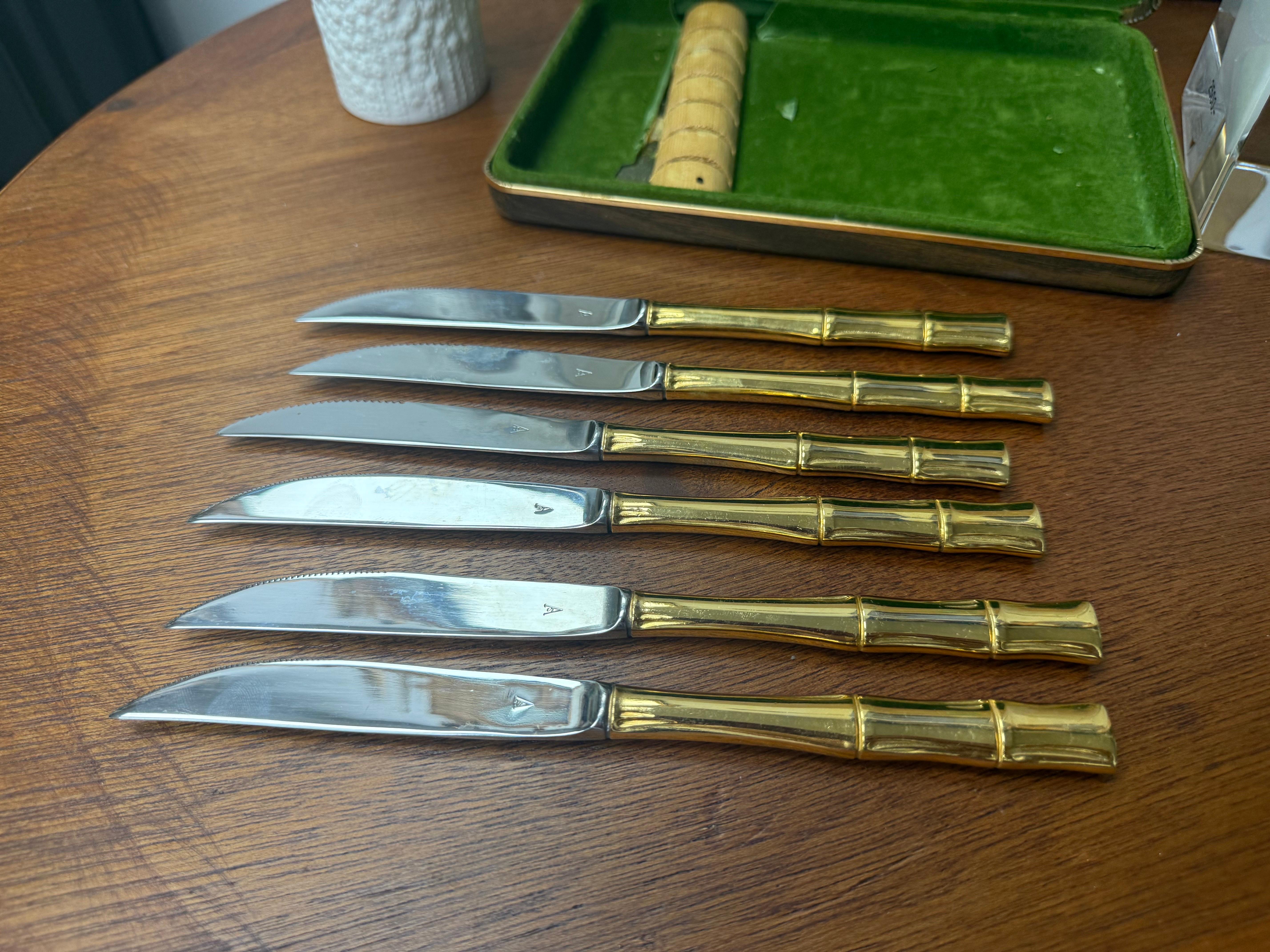 Japonais Couteaux à steak vintage SCC dorés et électroplaqués, ensemble de 6 en vente