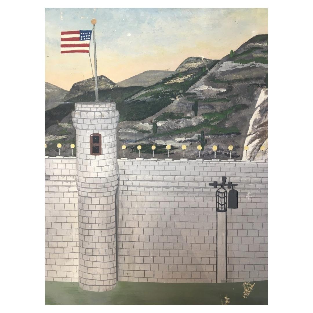 Landschaftliches Ölgemälde aus dem frühen 20. Jahrhundert mit Schloss, Brücken und Gebirge auf Leinwand. Mit einer skurrilen Szene mit einer amerikanischen Flagge auf dem Turm des Schlosses. Signiert auf der Rückseite des Holzbretts 