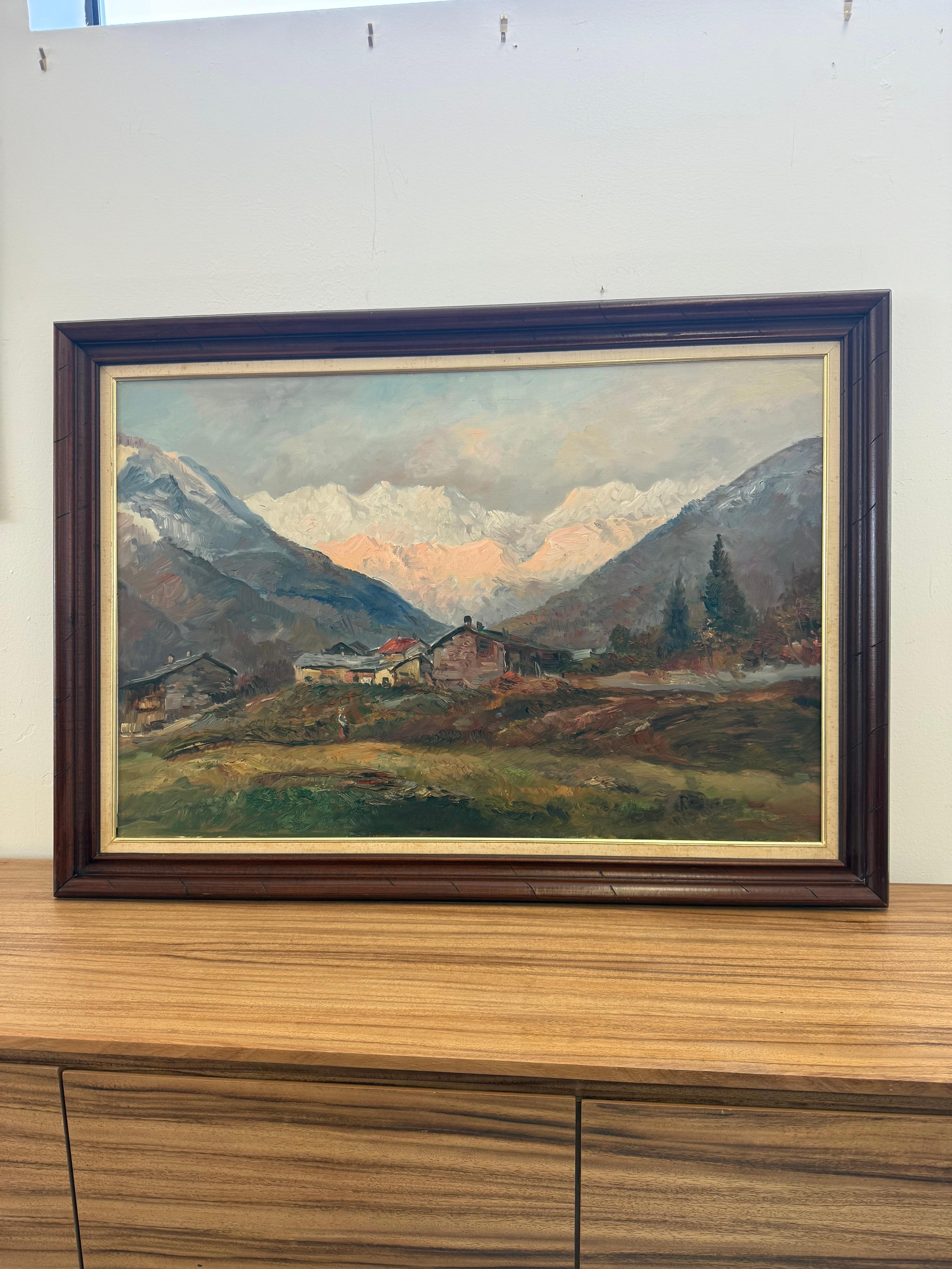 Apportez le charme des montagnes dans votre maison avec cette superbe peinture à l'huile vintage de paysage alpin. Cette œuvre d'art magnifiquement détaillée représente un village de montagne serein, niché entre des collines verdoyantes et de
