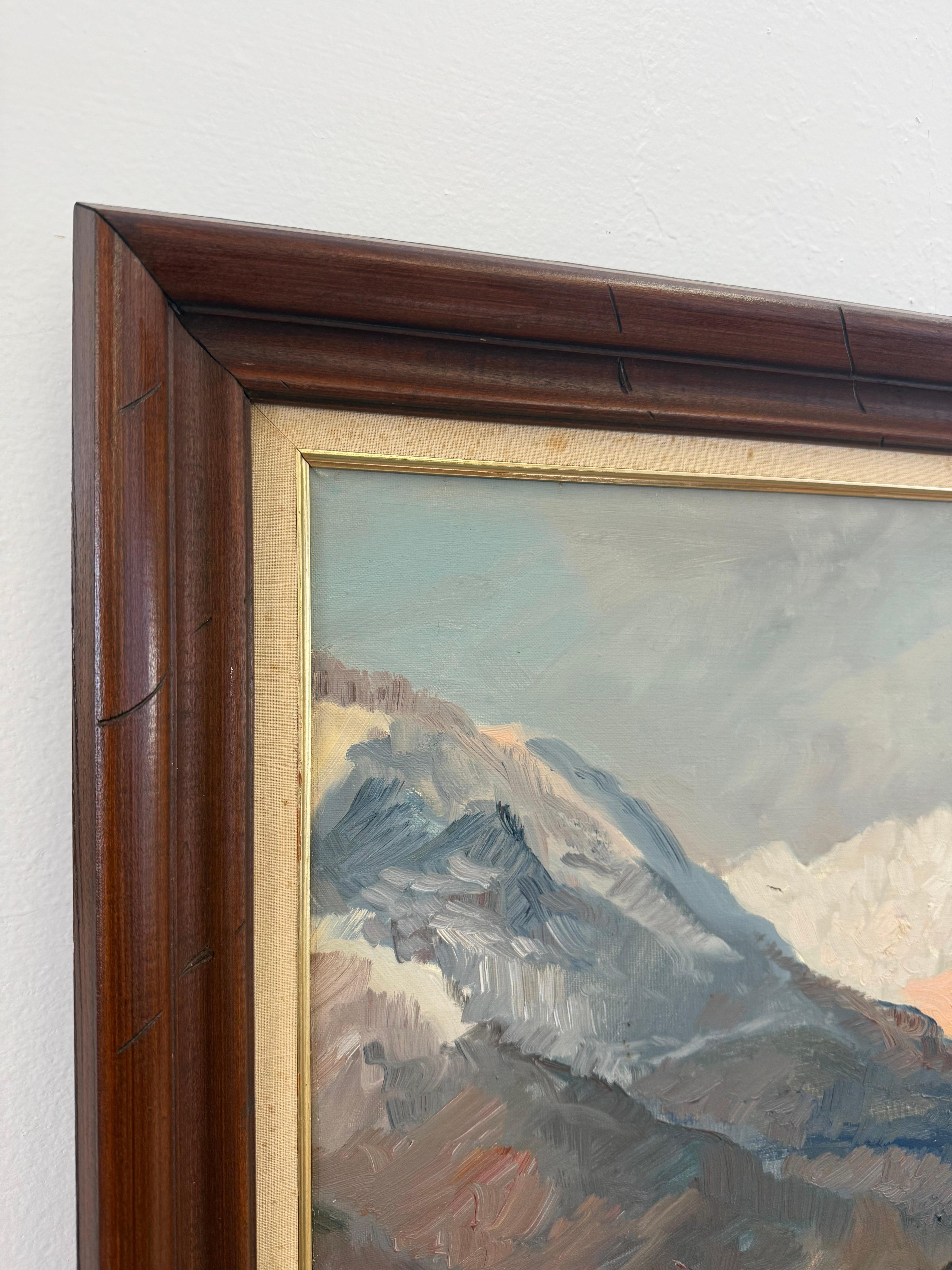 Mid-Century Modern Vintage Scenic Hand-Painted Alpine Framed Wall Art abstrait texturé en vente