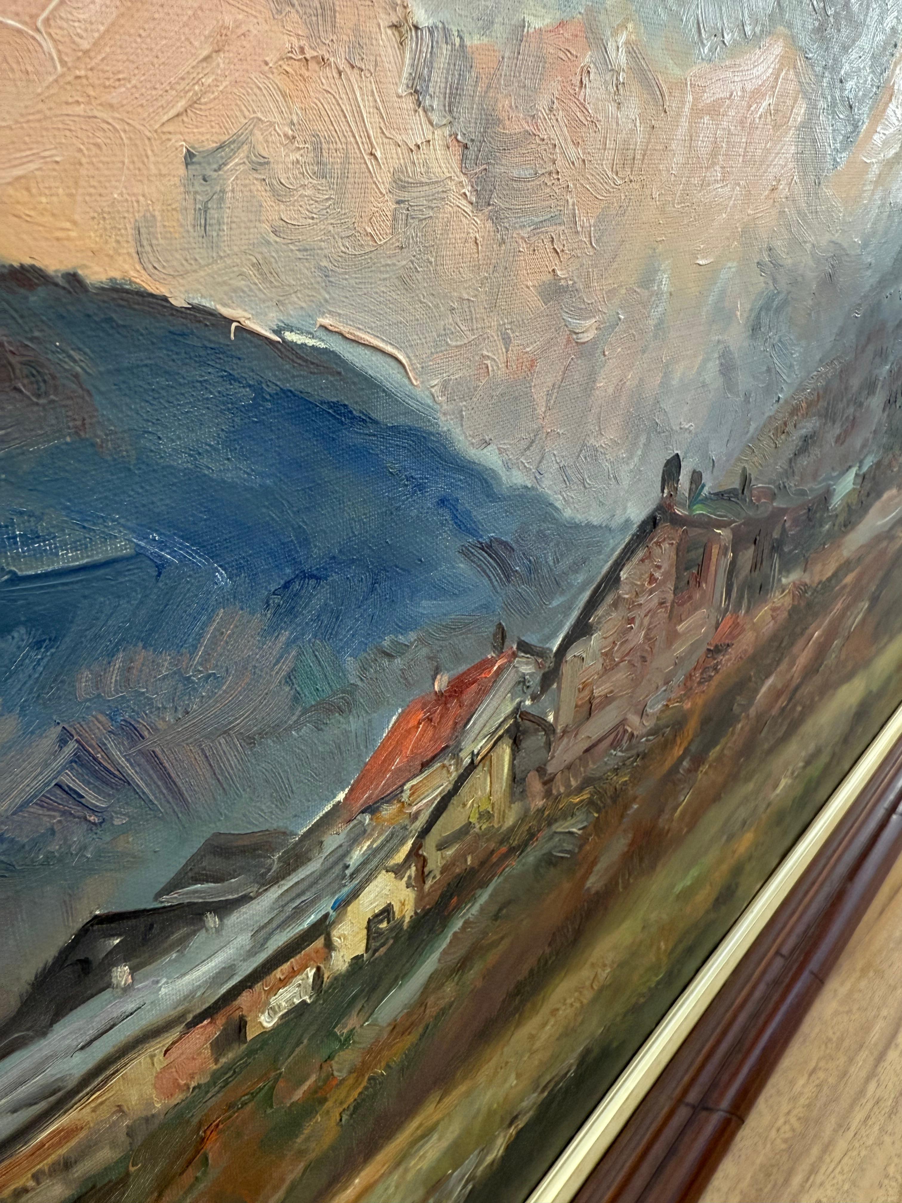 Fin du 20e siècle Vintage Scenic Hand-Painted Alpine Framed Wall Art abstrait texturé en vente
