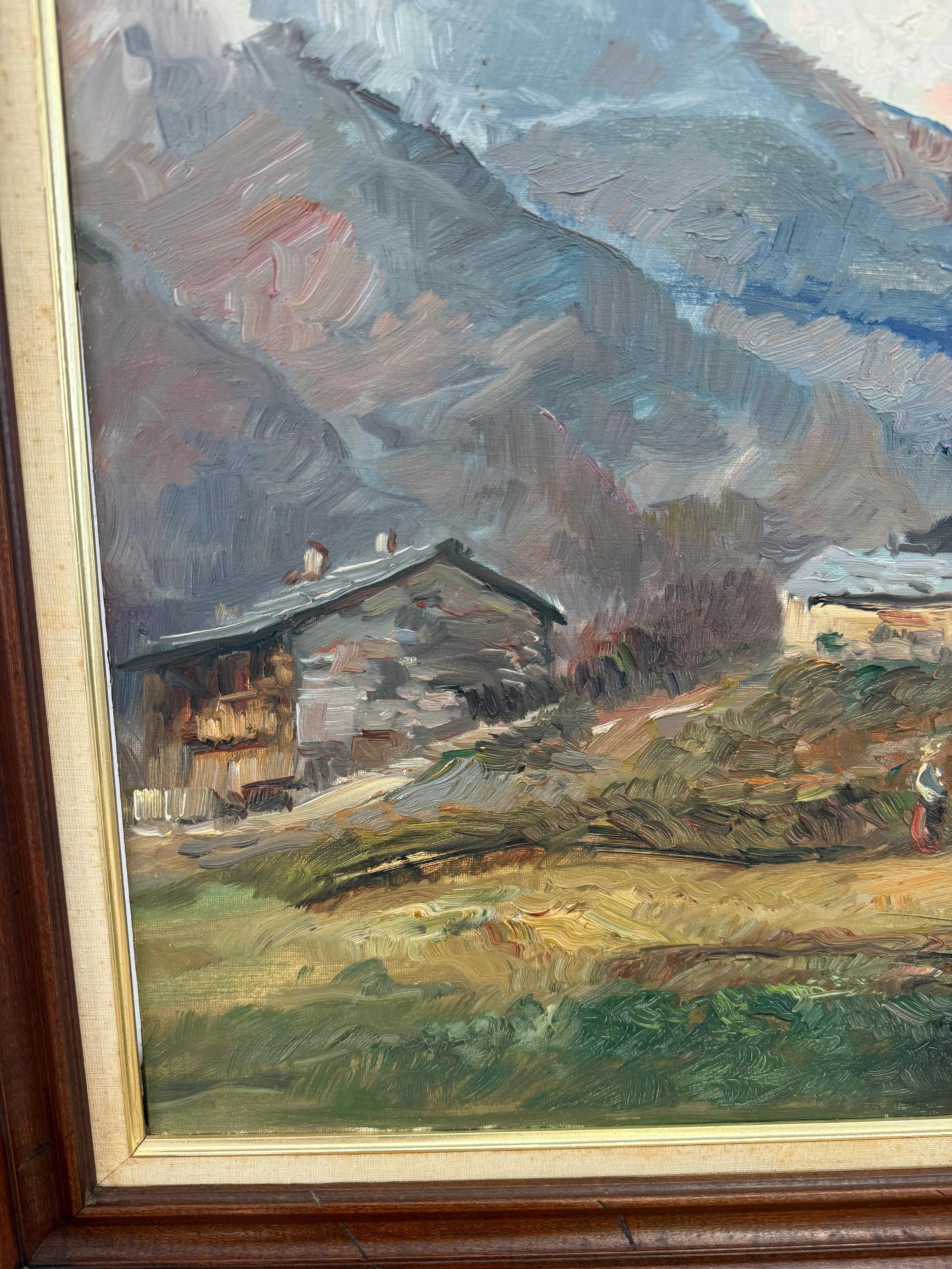 Vintage Scenic Hand-Painted Alpine Framed Wall Art abstrait texturé en vente 1