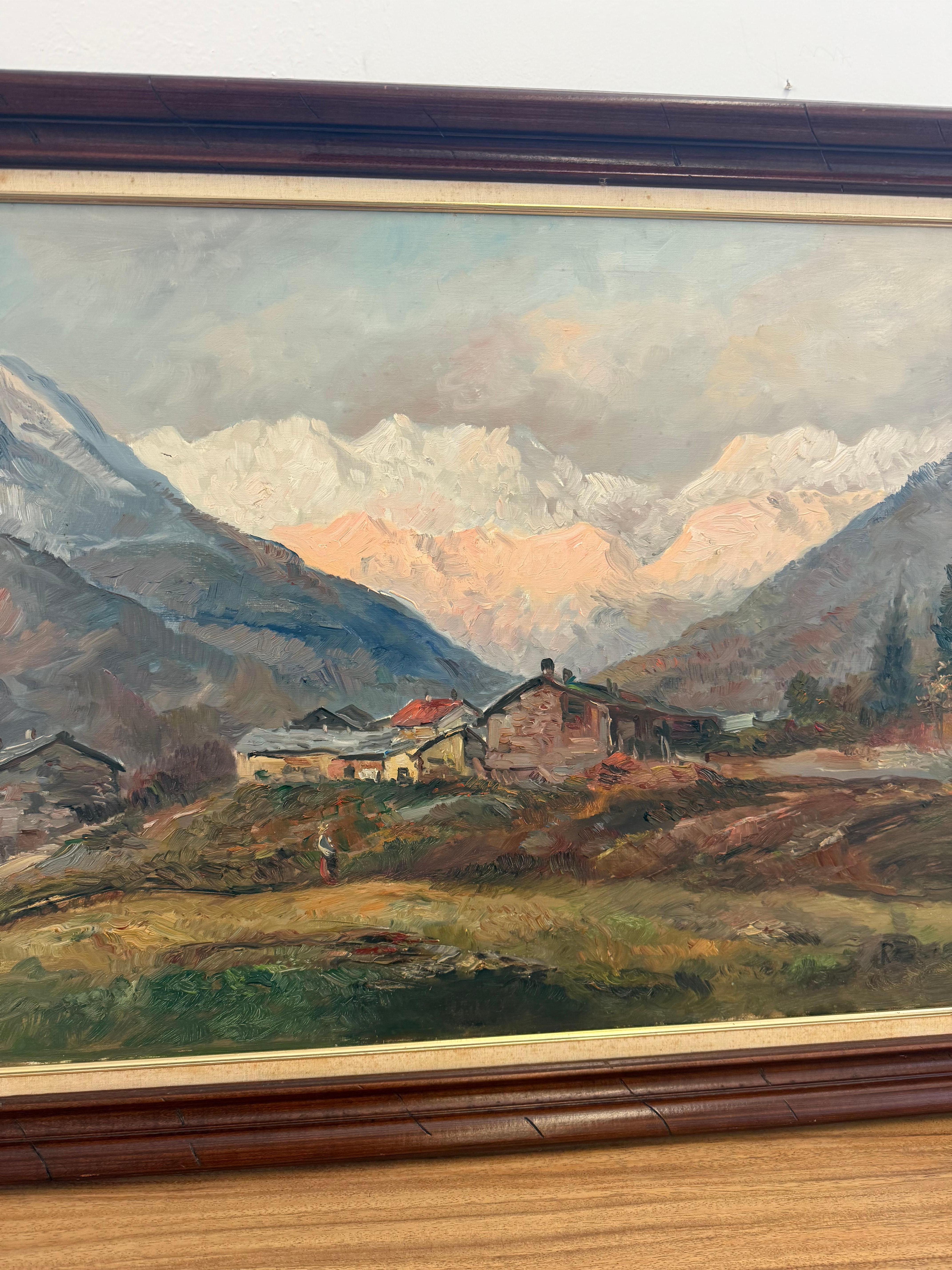Vintage Scenic Hand-Painted Alpine Framed Wall Art abstrait texturé en vente 2