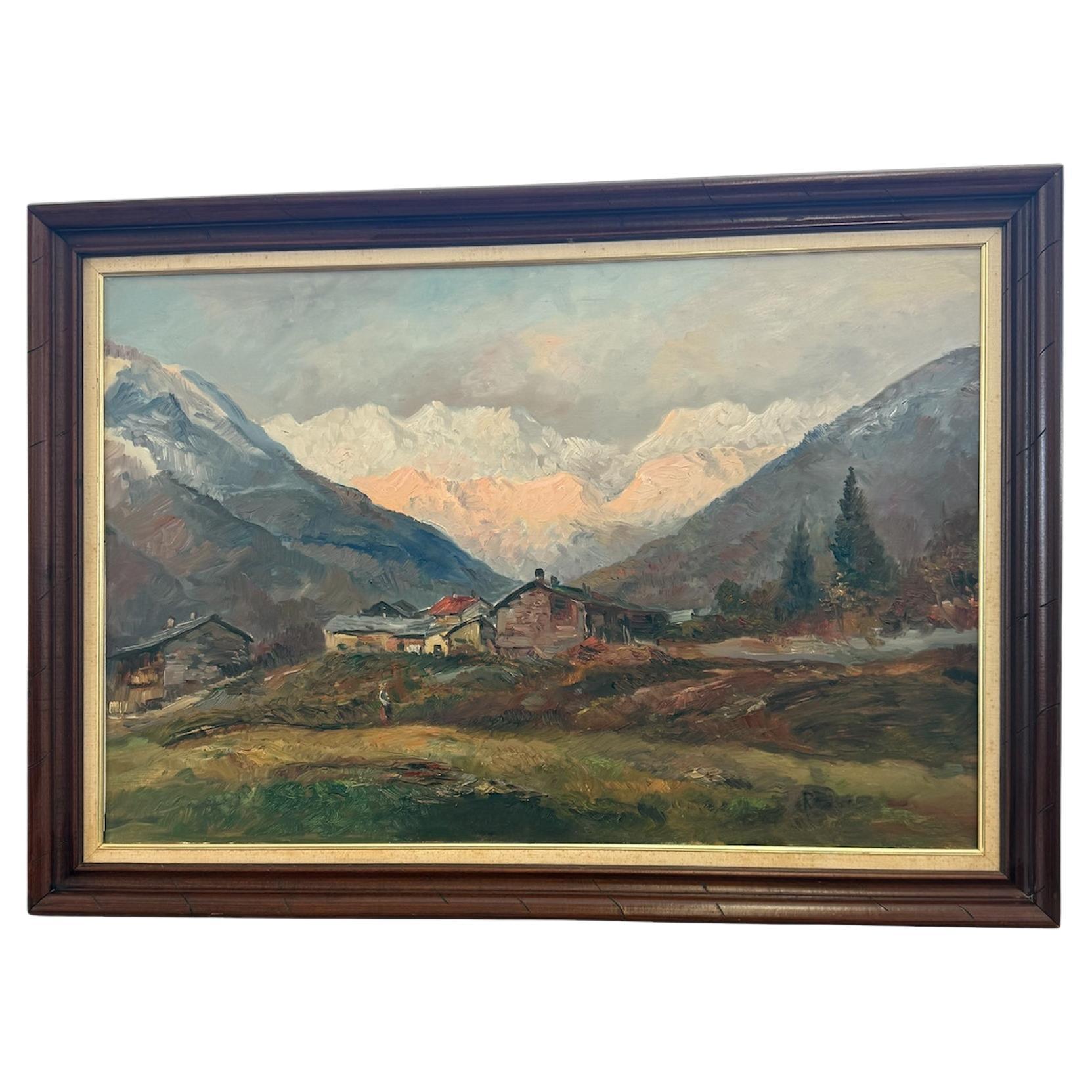 Vintage Scenic Hand-Painted Alpine Framed Wall Art abstrait texturé en vente