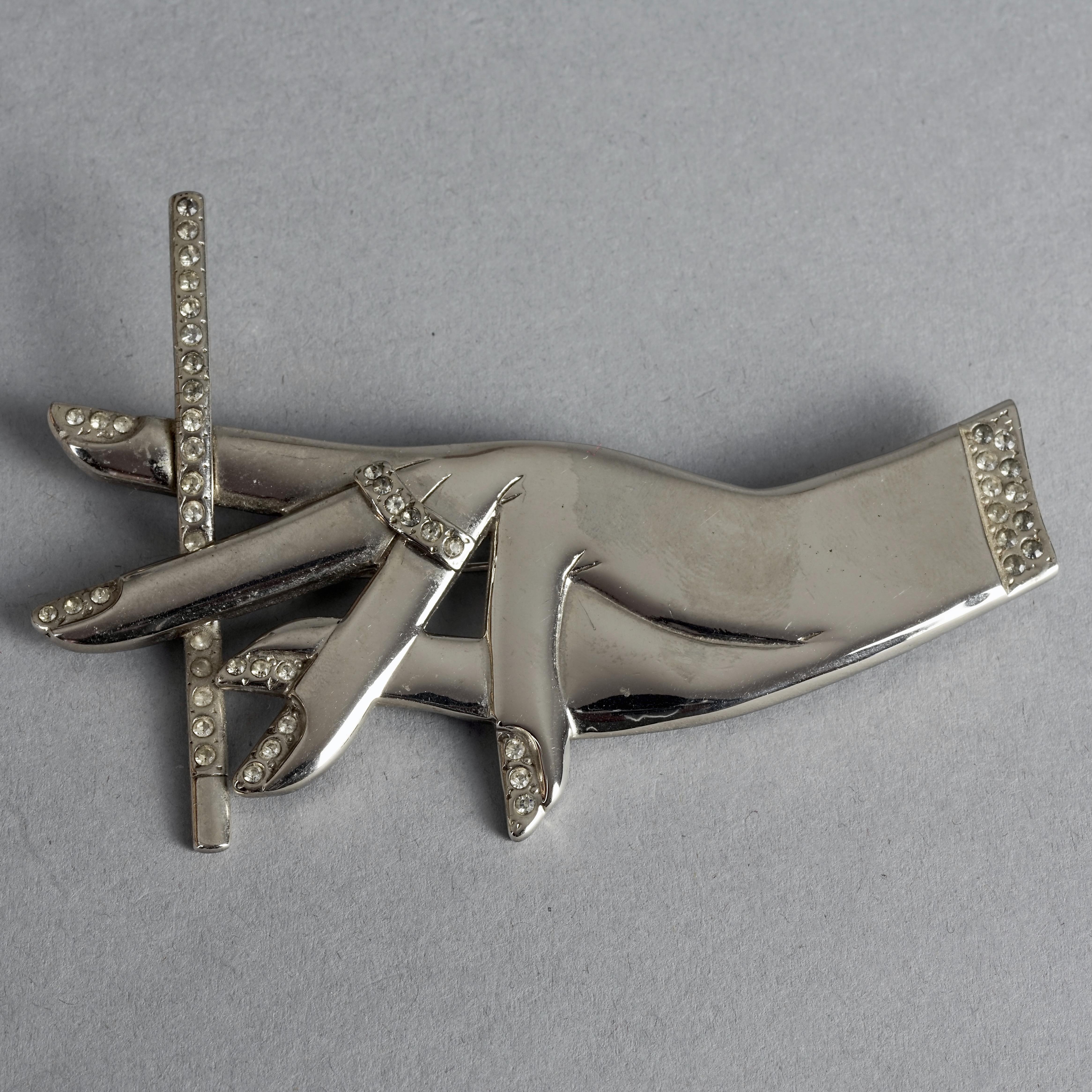 Women's or Men's Vintage SCHERRER PARIS Hand with Cigarette Rhinestone Studded Novelty Brooch For Sale